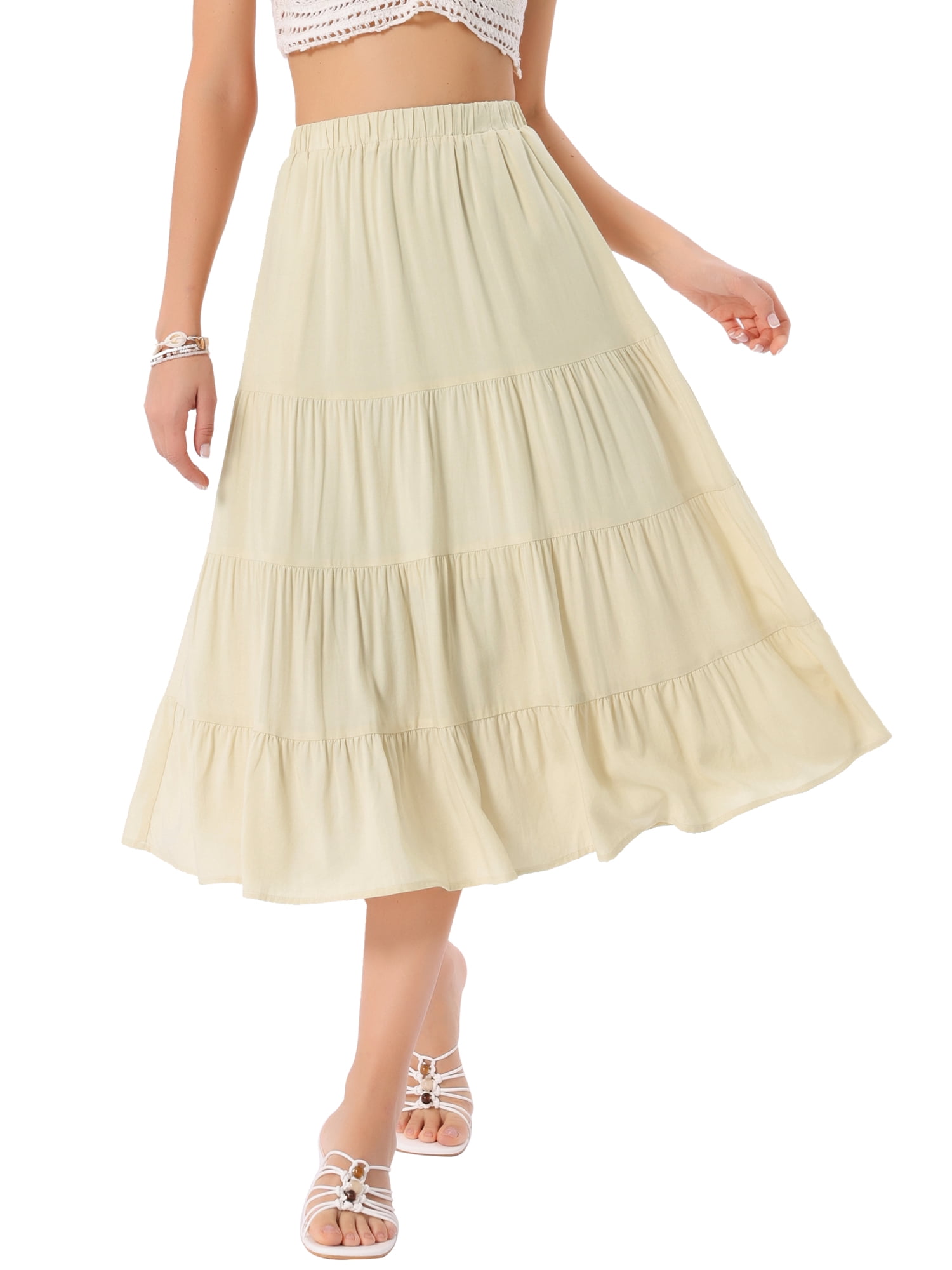 DARING DIVA Women's Flare Tiered Pleated Solid Elastic Waist A-Line Skirt S Apricot