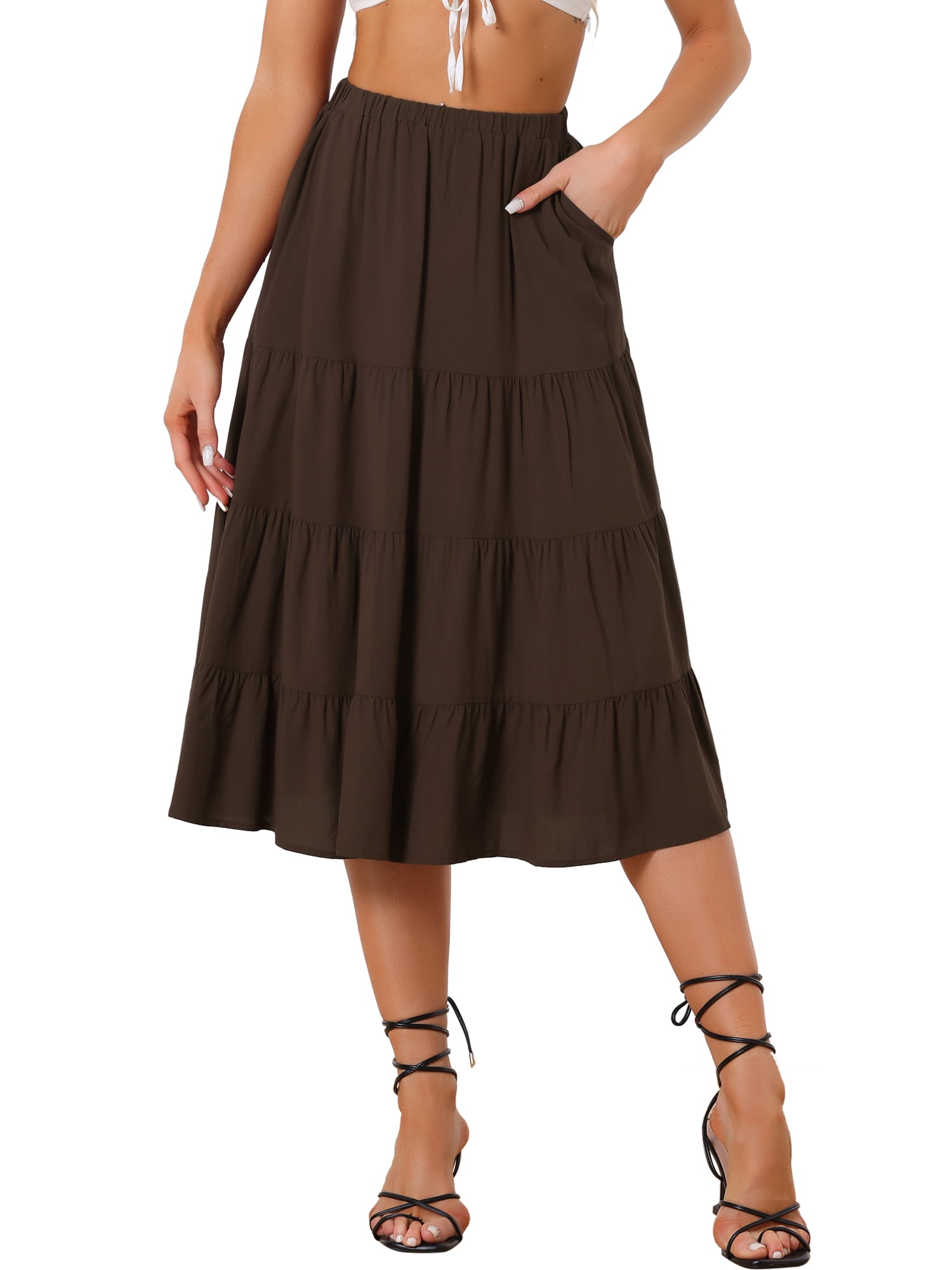 DARING DIVA Women's Flare Tiered Pleated Solid Elastic Waist A-Line Skirt S Brown