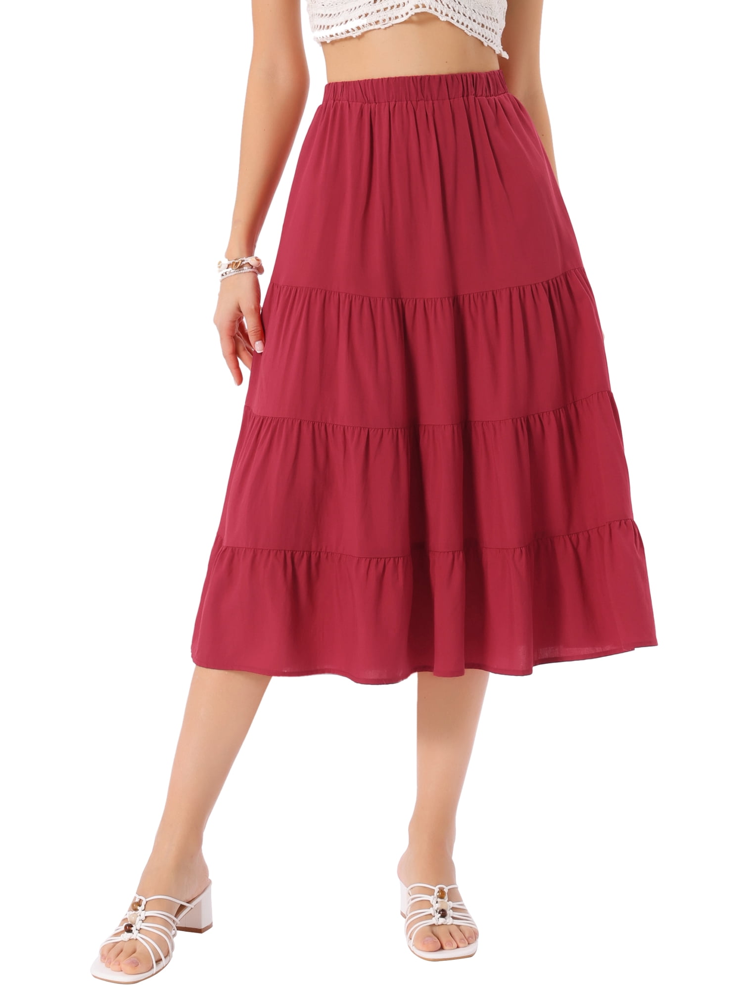 DARING DIVA Women's Flare Tiered Pleated Solid Elastic Waist A-Line Skirt S Red