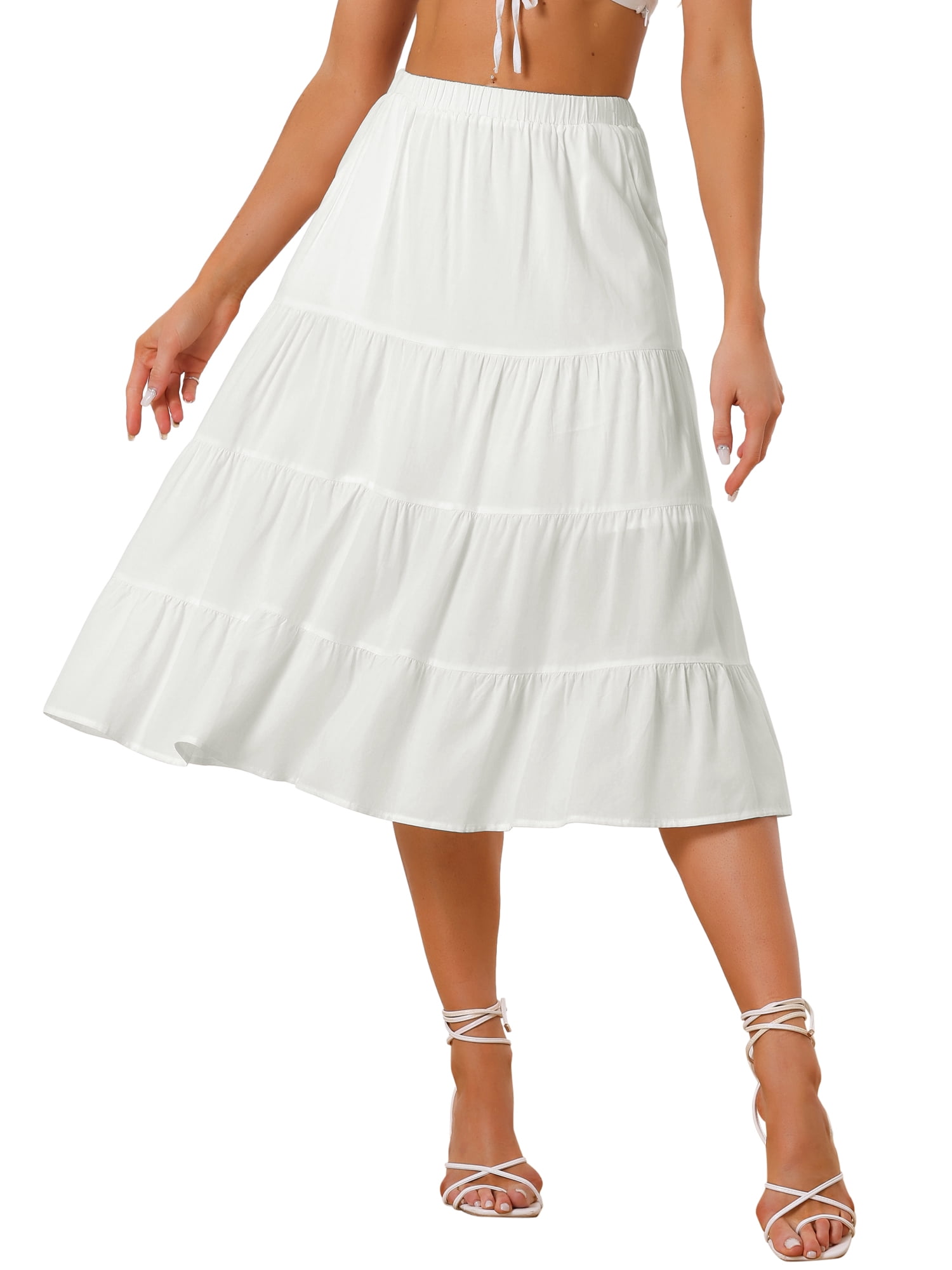 DARING DIVA Women's Flare Tiered Pleated Solid Elastic Waist A-Line Skirt S White