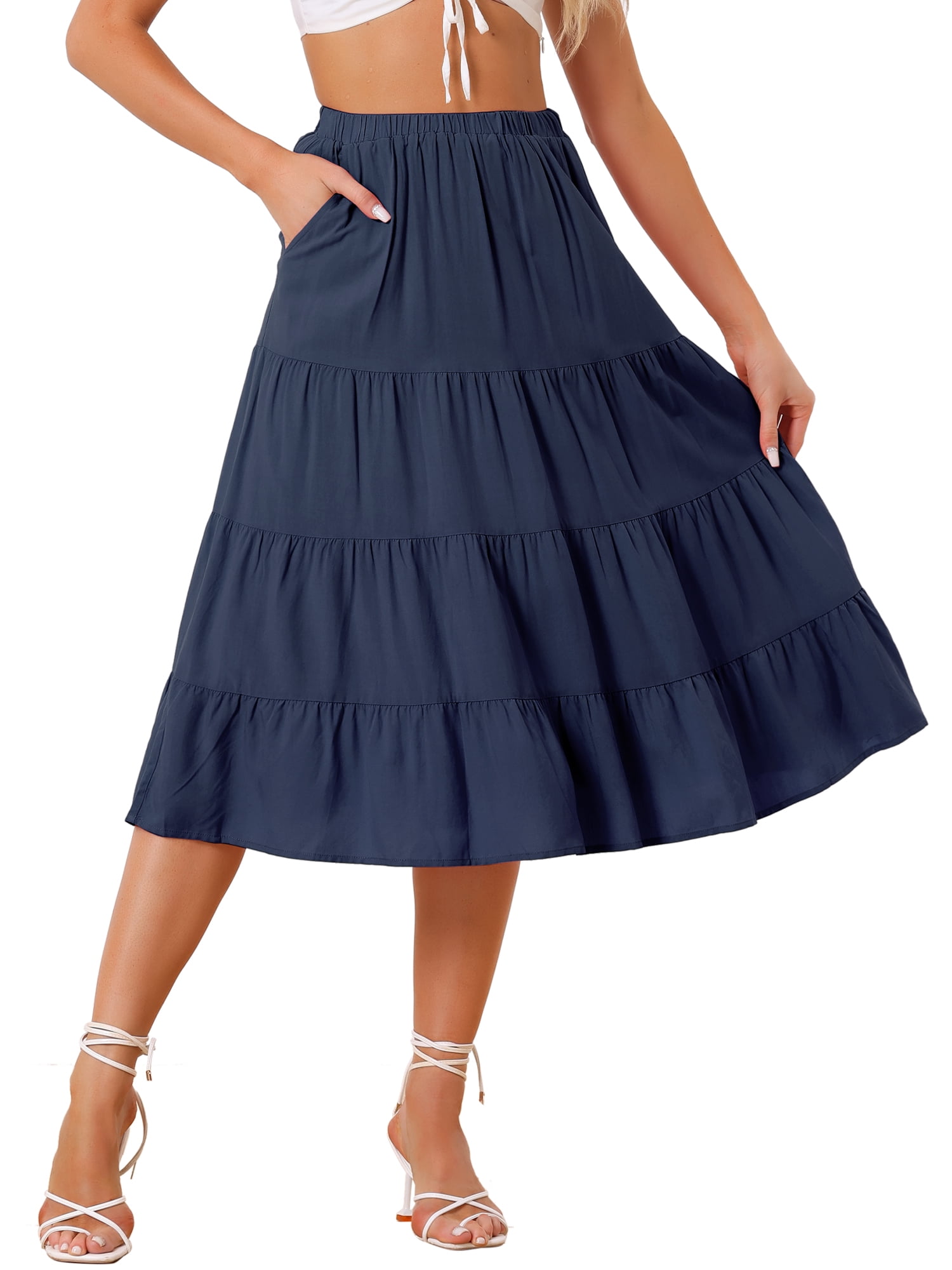 DARING DIVA Women's Flare Tiered Pleated Solid Elastic Waist A-Line Skirt XS Navy