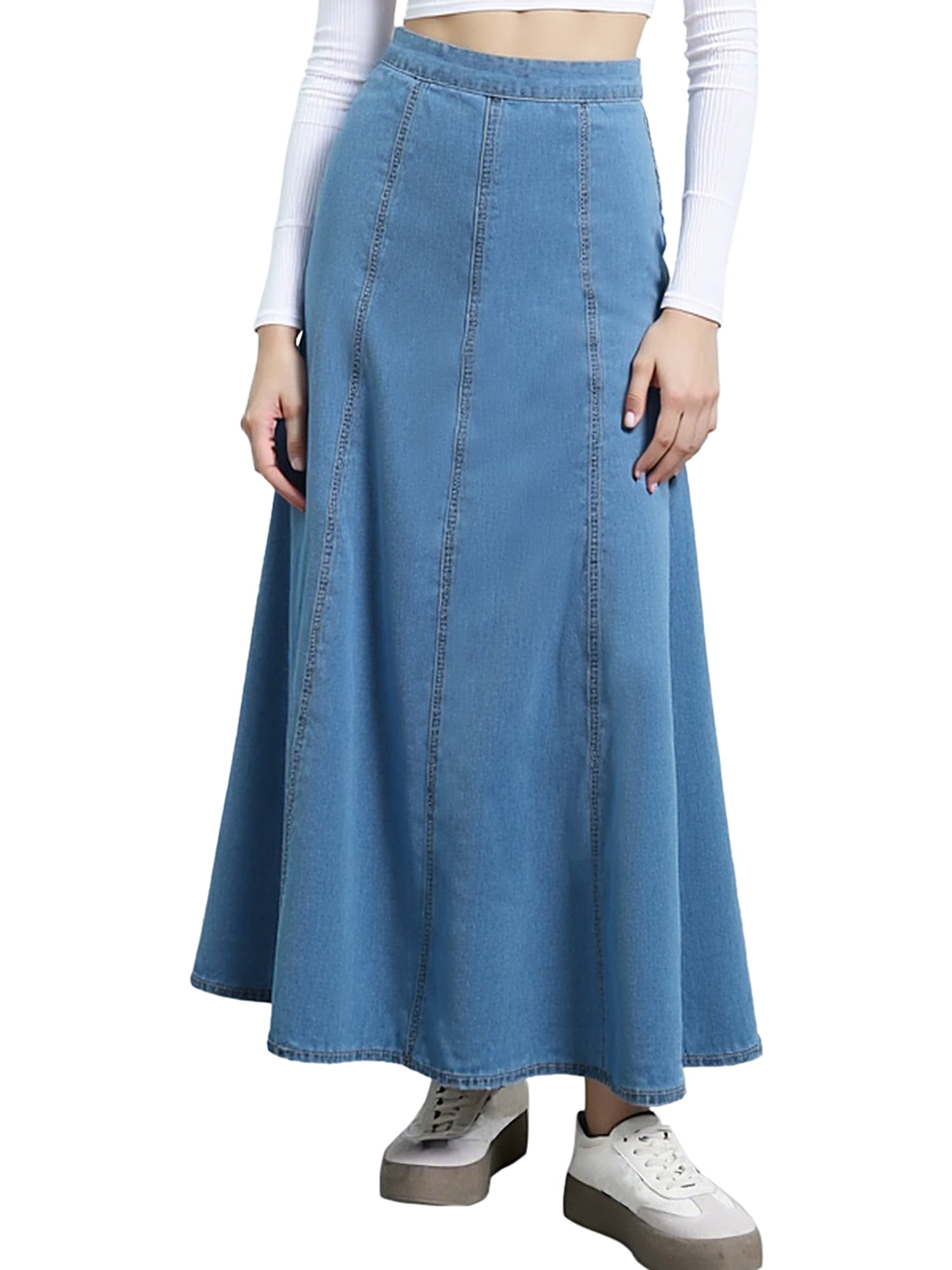 DARING DIVA Women's Flared Denim Western Long Maxi Panel Jean Skirt X-Large Blue