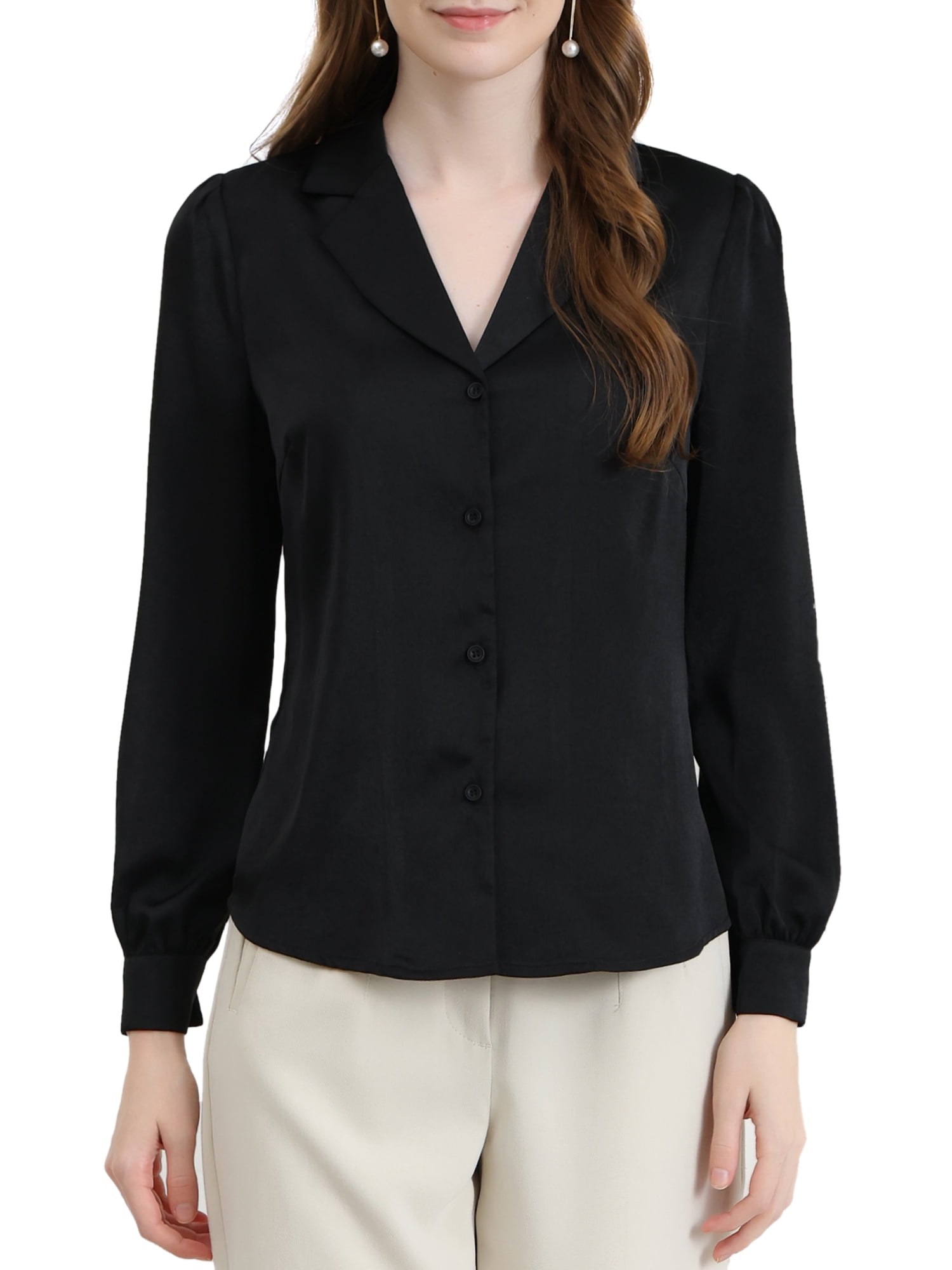 DARING DIVA Women's Flat Collar Button Down Office Satin Shirt S Black