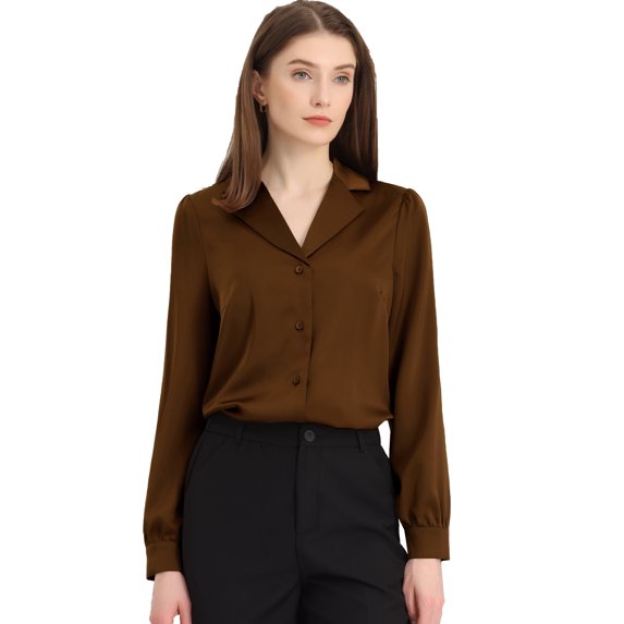DARING DIVA Women's Flat Collar Button Down Office Satin Shirt S Brown