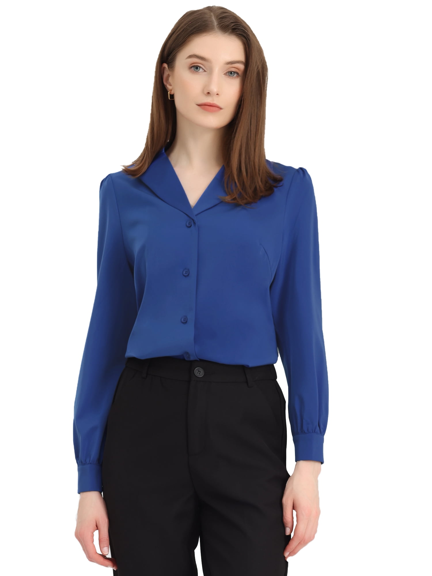 DARING DIVA Women's Flat Collar Button Down Office Satin Shirt S Royal Blue