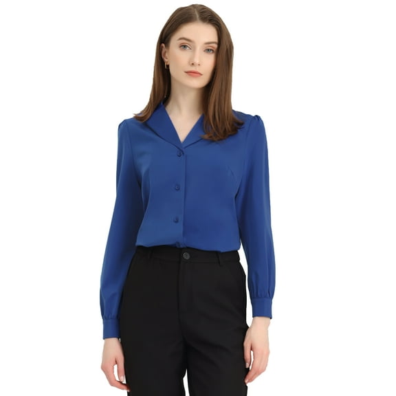 DARING DIVA Women's Flat Collar Button Down Office Satin Shirt S Royal Blue