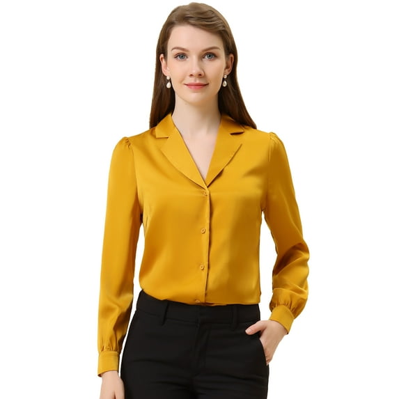 DARING DIVA Women's Flat Collar Button Down Office Satin Shirt XL Yellow