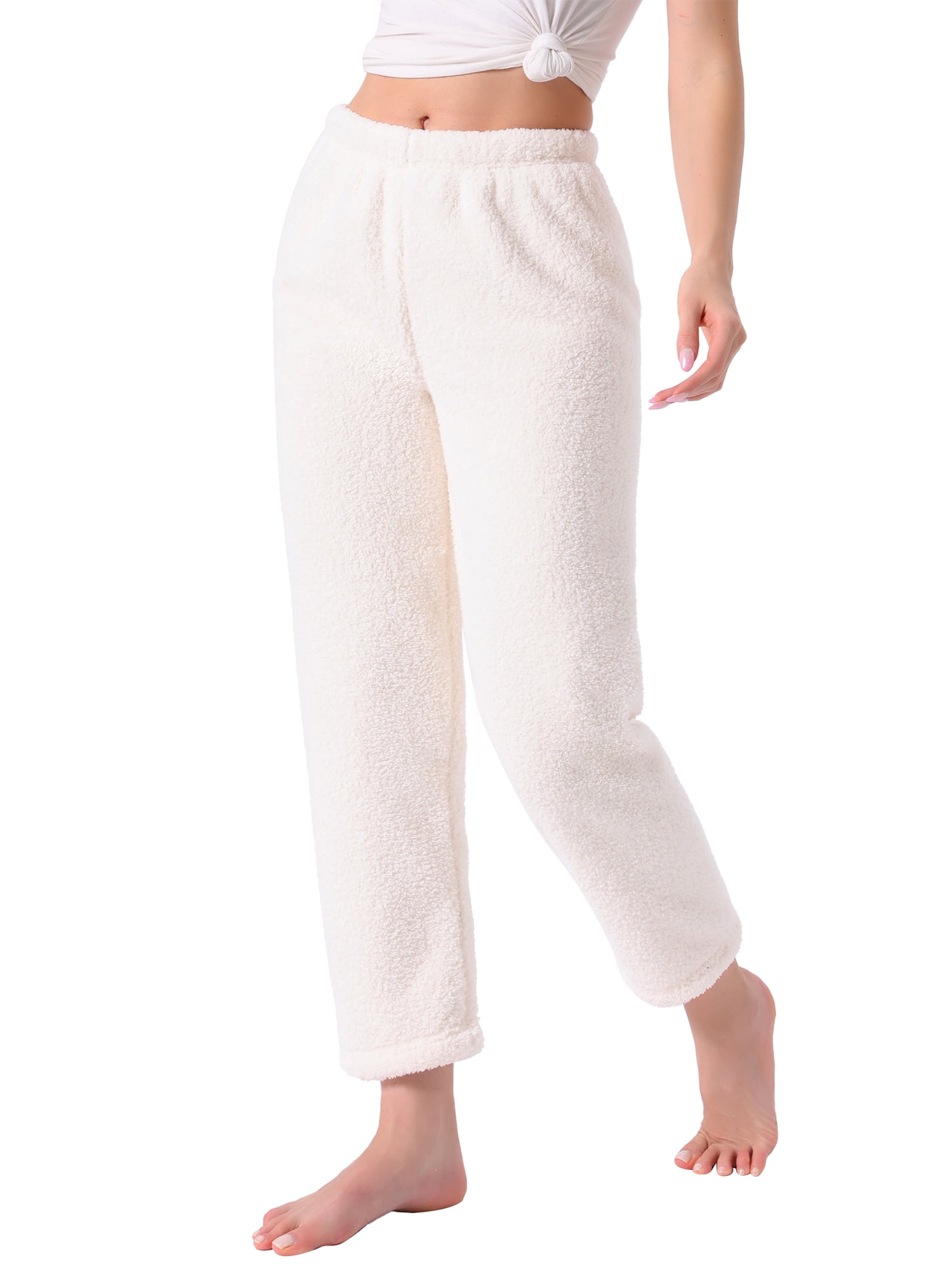 DARING DIVA Women's Fleece Fuzzy Elastic Waistband Lounge Pants S White