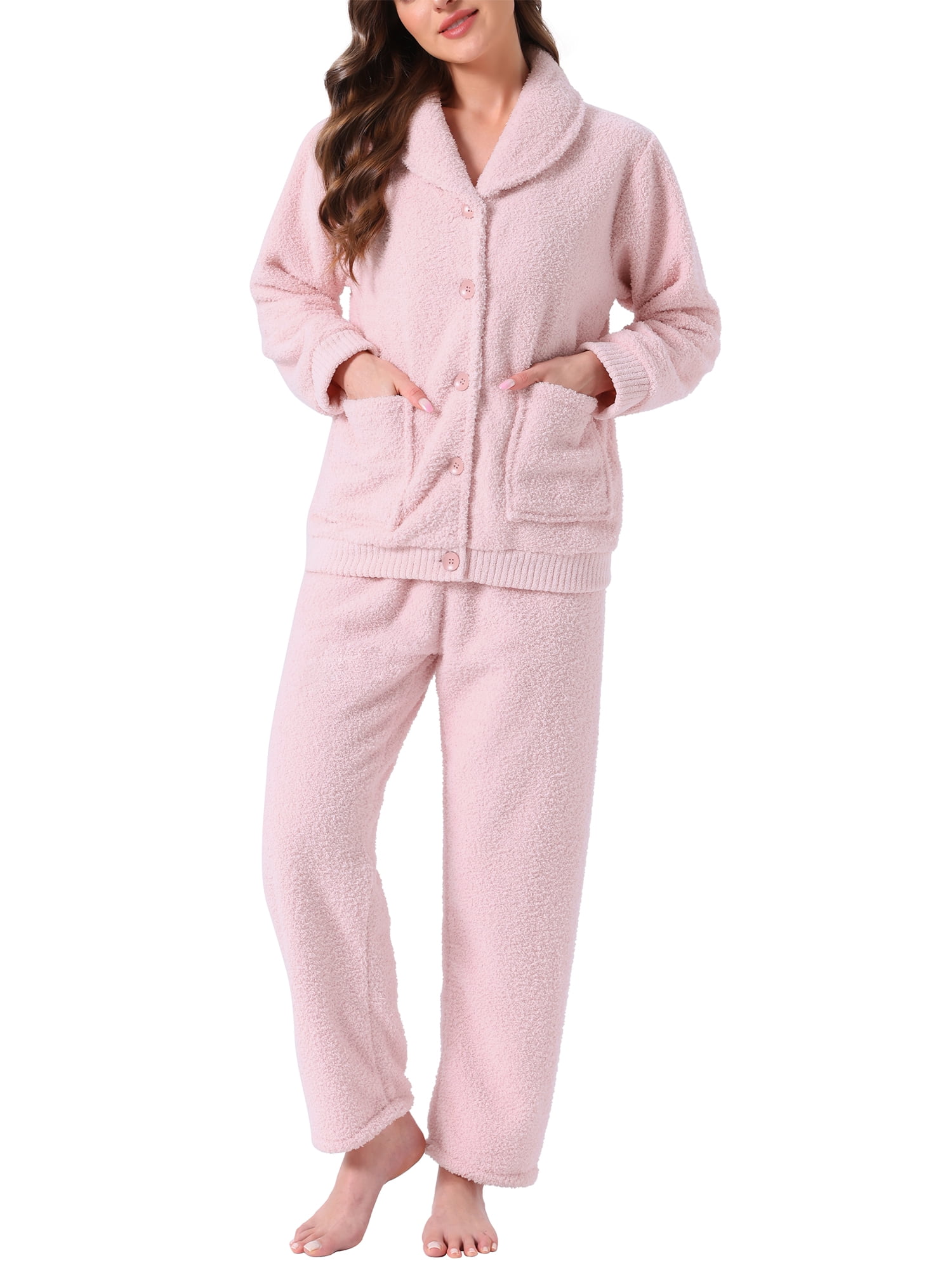 DARING DIVA Women's Fleece Fuzzy Sleepwear Winter Button Down Pajama Sets L Pink