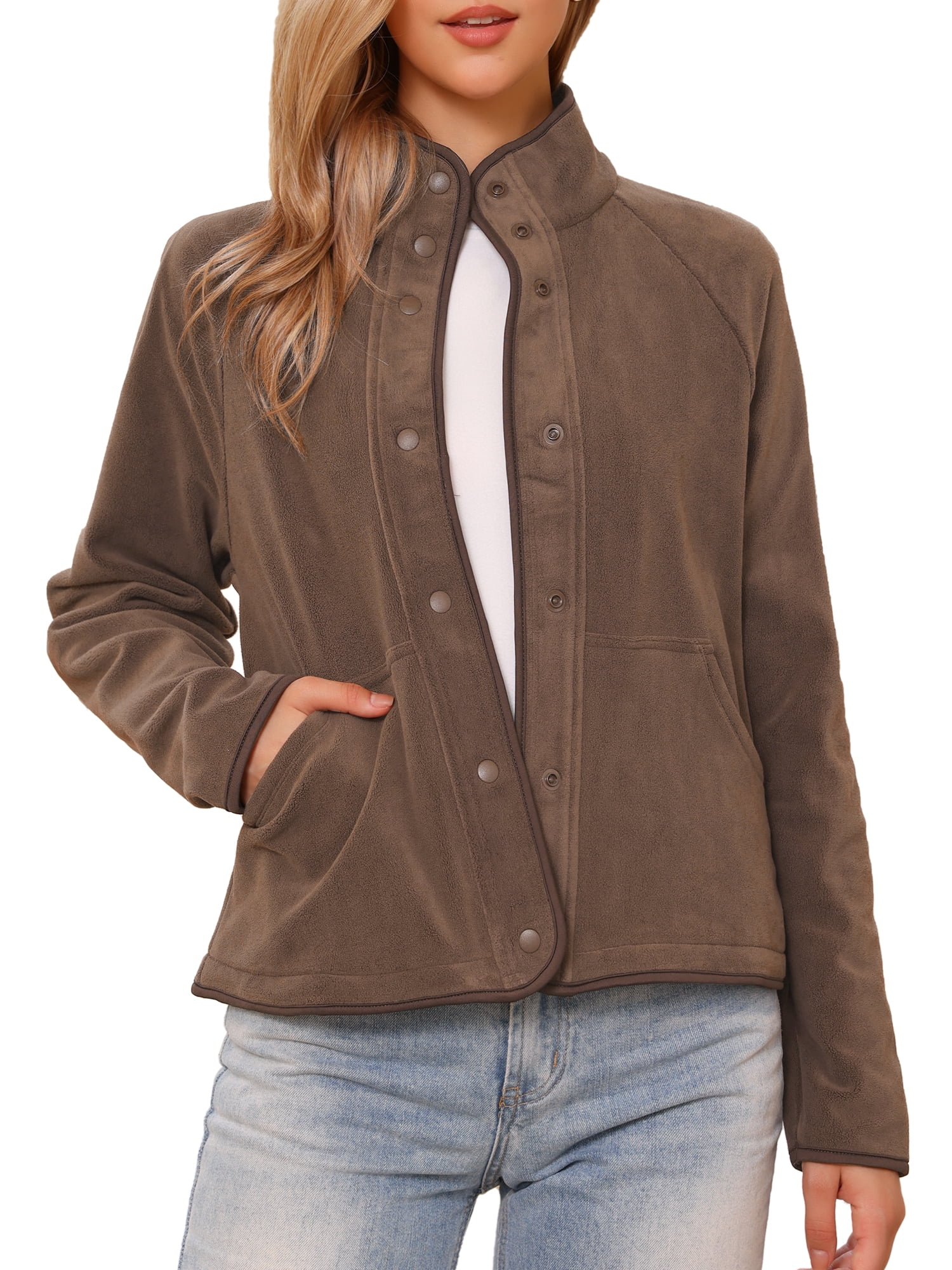 DARING DIVA Women's Fleece Jacket Long Sleeve Button Down Coat With Pockets M Coffee