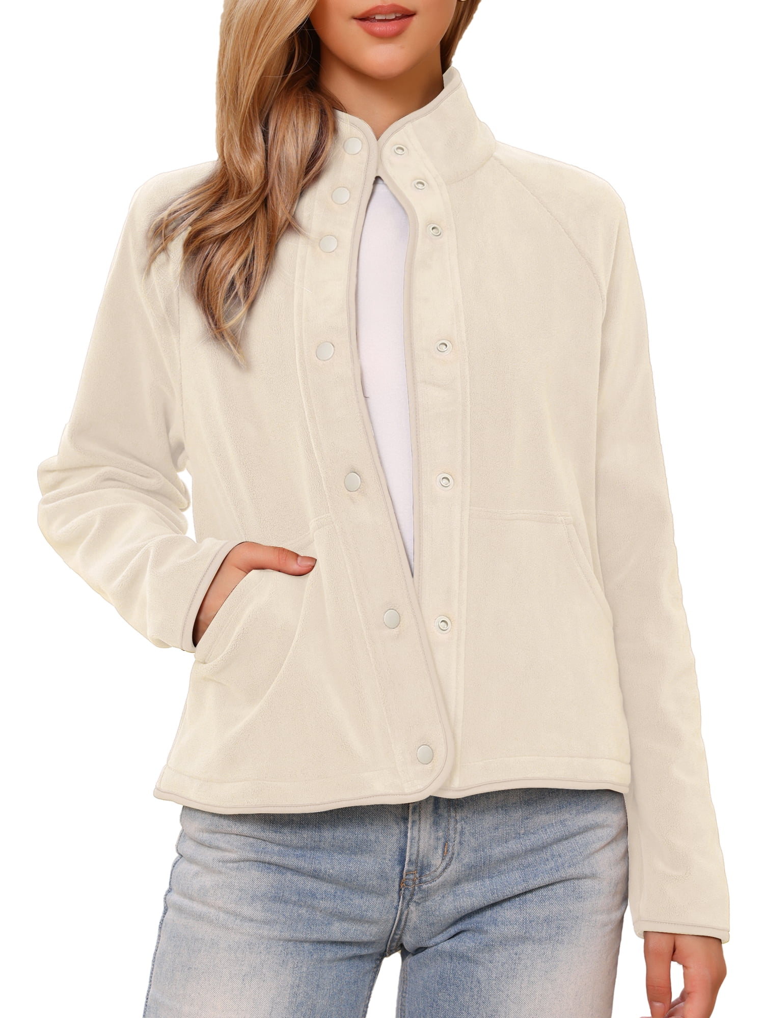 DARING DIVA Women's Fleece Jacket Long Sleeve Button Down Coat With Pockets XL Beige