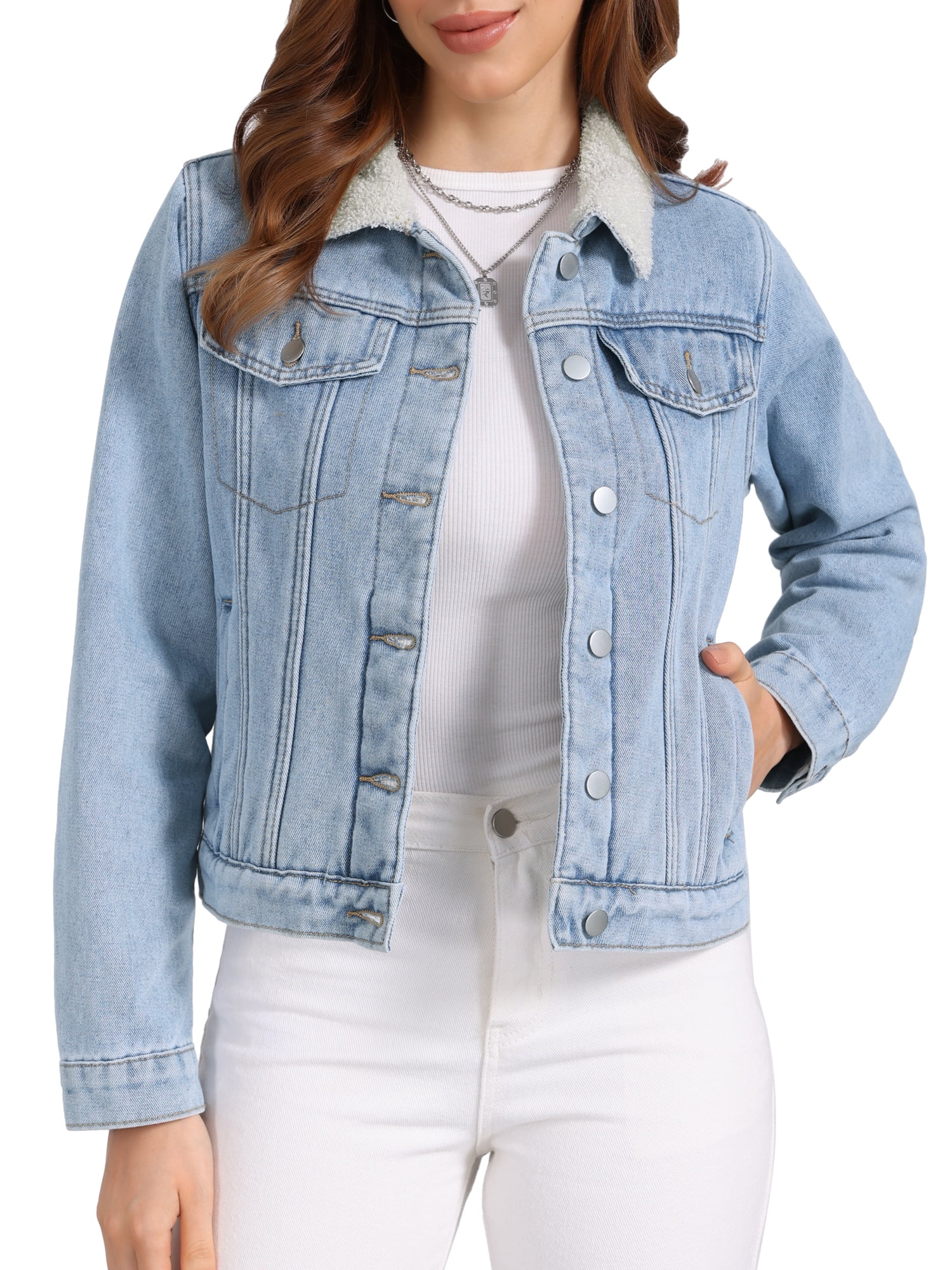 DARING DIVA Women's Fleece Lined Faux Fur Short Trucker Jean Jacket XL Light Blue