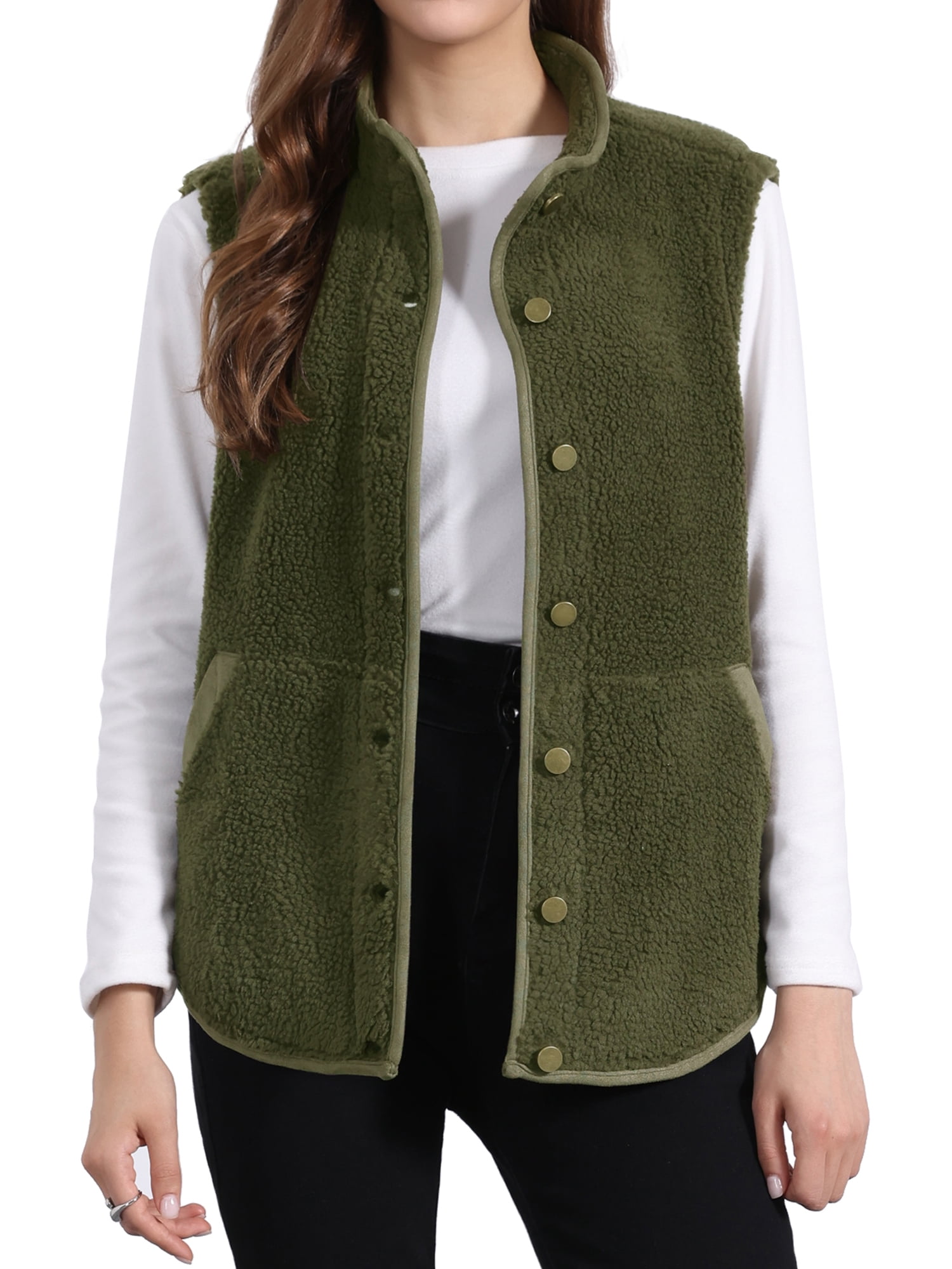 DARING DIVA Women's Fleece Button Down Jacket with Pockets Oversized Fuzzy Vests M Army Green