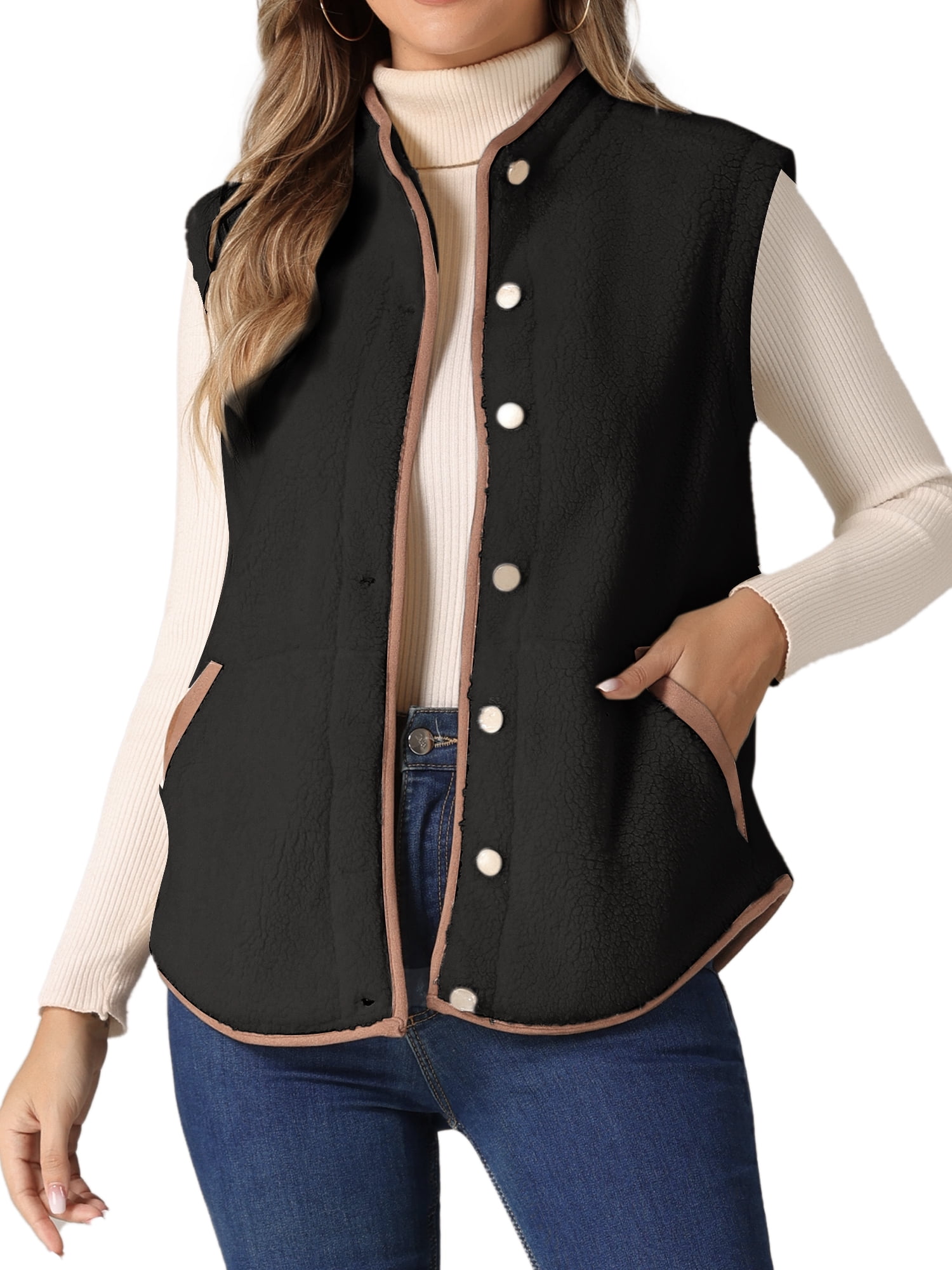 DARING DIVA Women's Fleece Button Down Jacket with Pockets Oversized Fuzzy Vests M Black