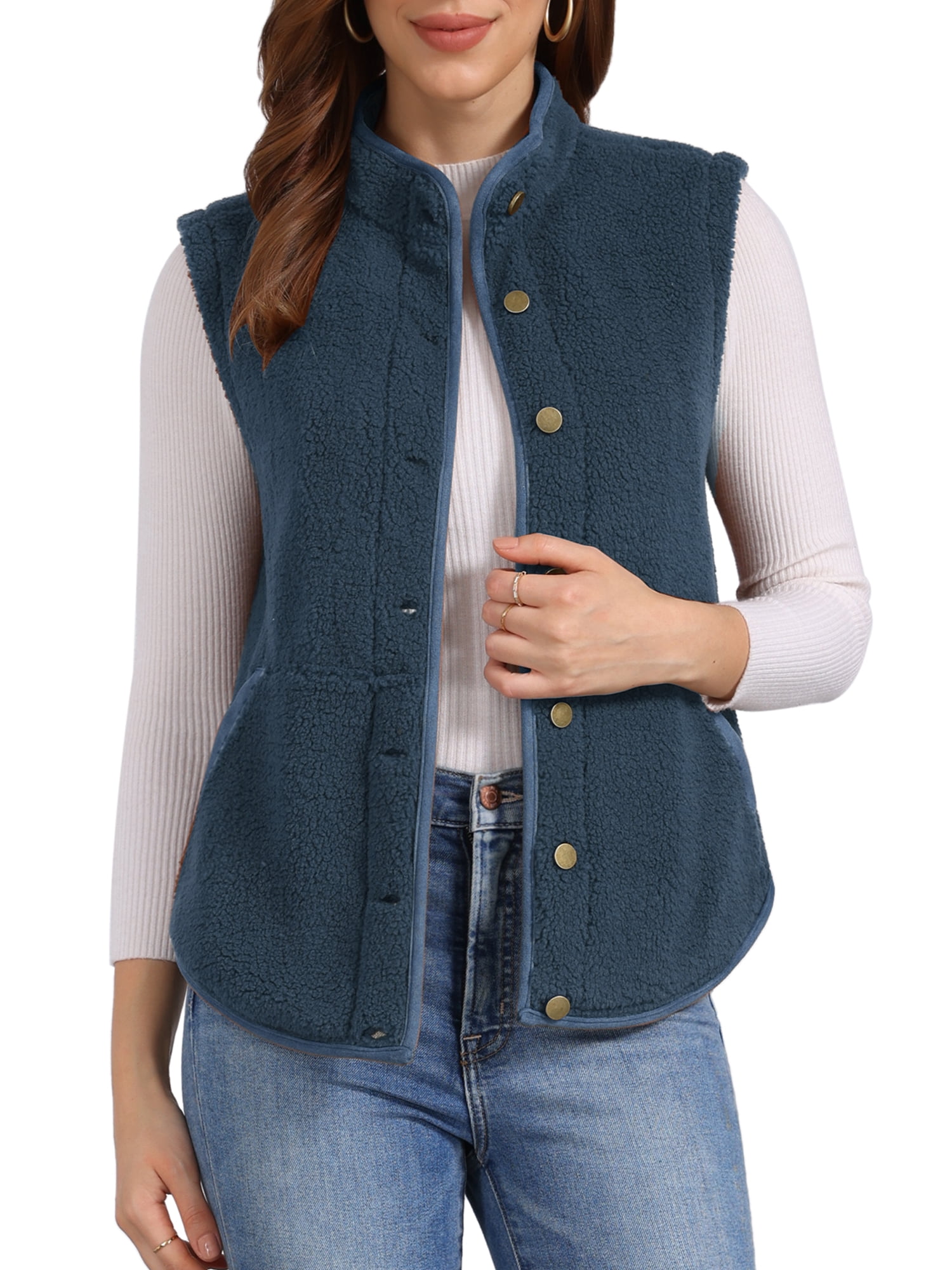 DARING DIVA Women's Fleece Button Down Jacket with Pockets Oversized Fuzzy Vests S Dark Blue