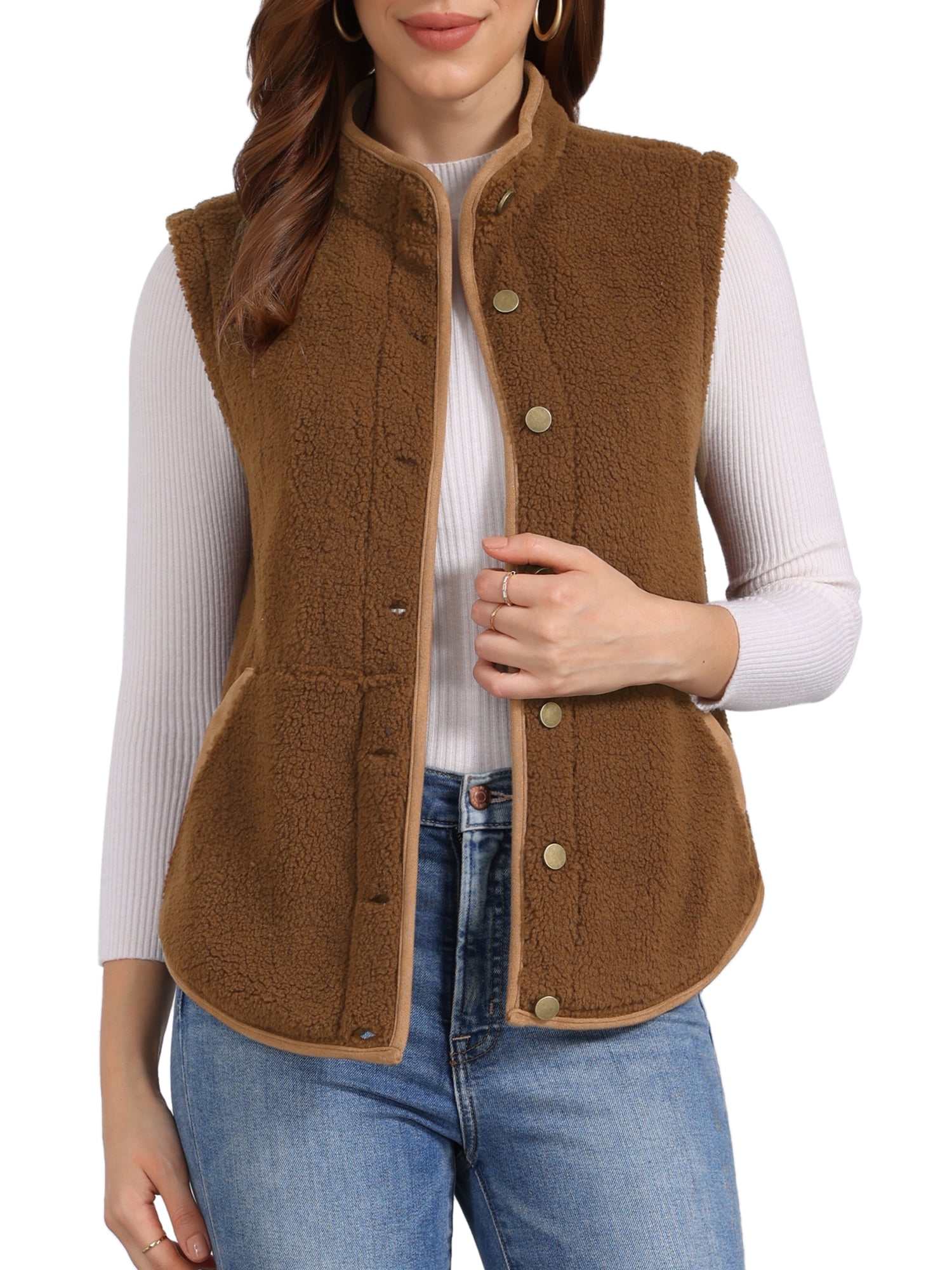 DARING DIVA Women's Fleece Button Down Jacket with Pockets Oversized Fuzzy Vests S Dark Brown