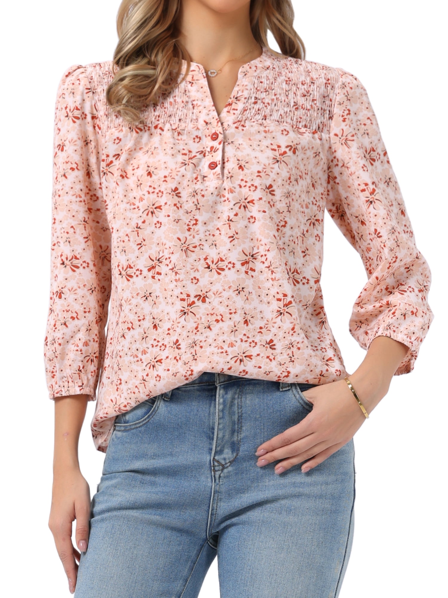 DARING DIVA Women's Floral 3/4 Sleeve Smocked Front V Neck Blouses S Light Pink