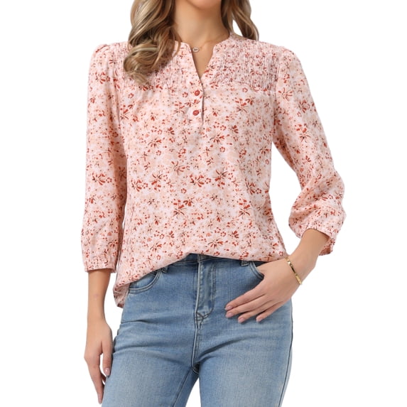 DARING DIVA Women's Floral 3/4 Sleeve Smocked Front V Neck Blouses XL Light Pink