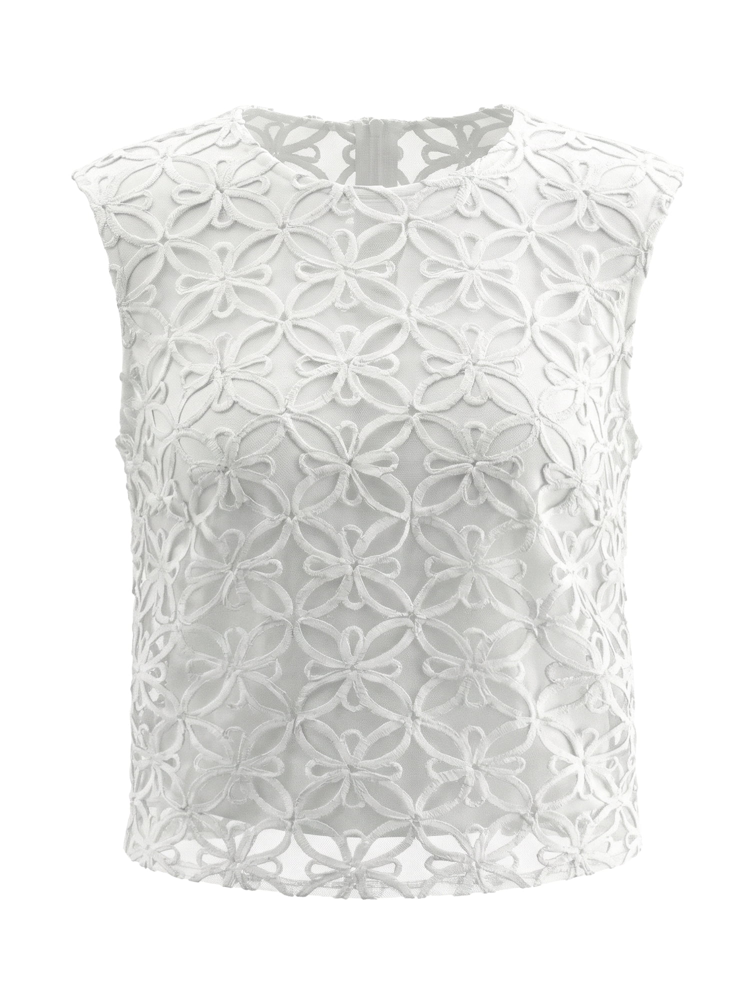 DARING DIVA Women's Floral 3D Sleeveless Round Neck Mesh Crop Tank Top 2XL White