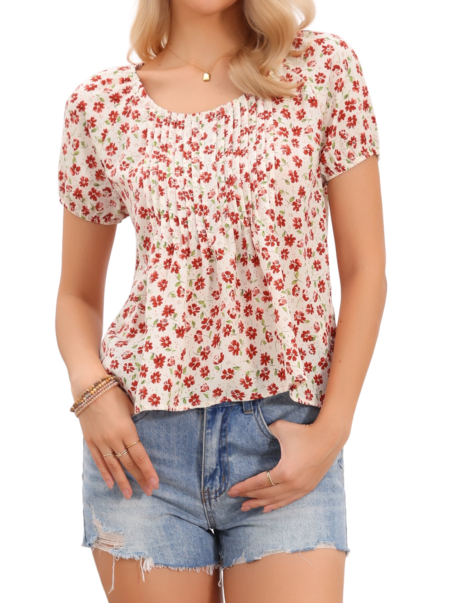 DARING DIVA Women's Floral Babydoll Tops Pleated Scoop Neck Cute Shirt Blouses S Beige