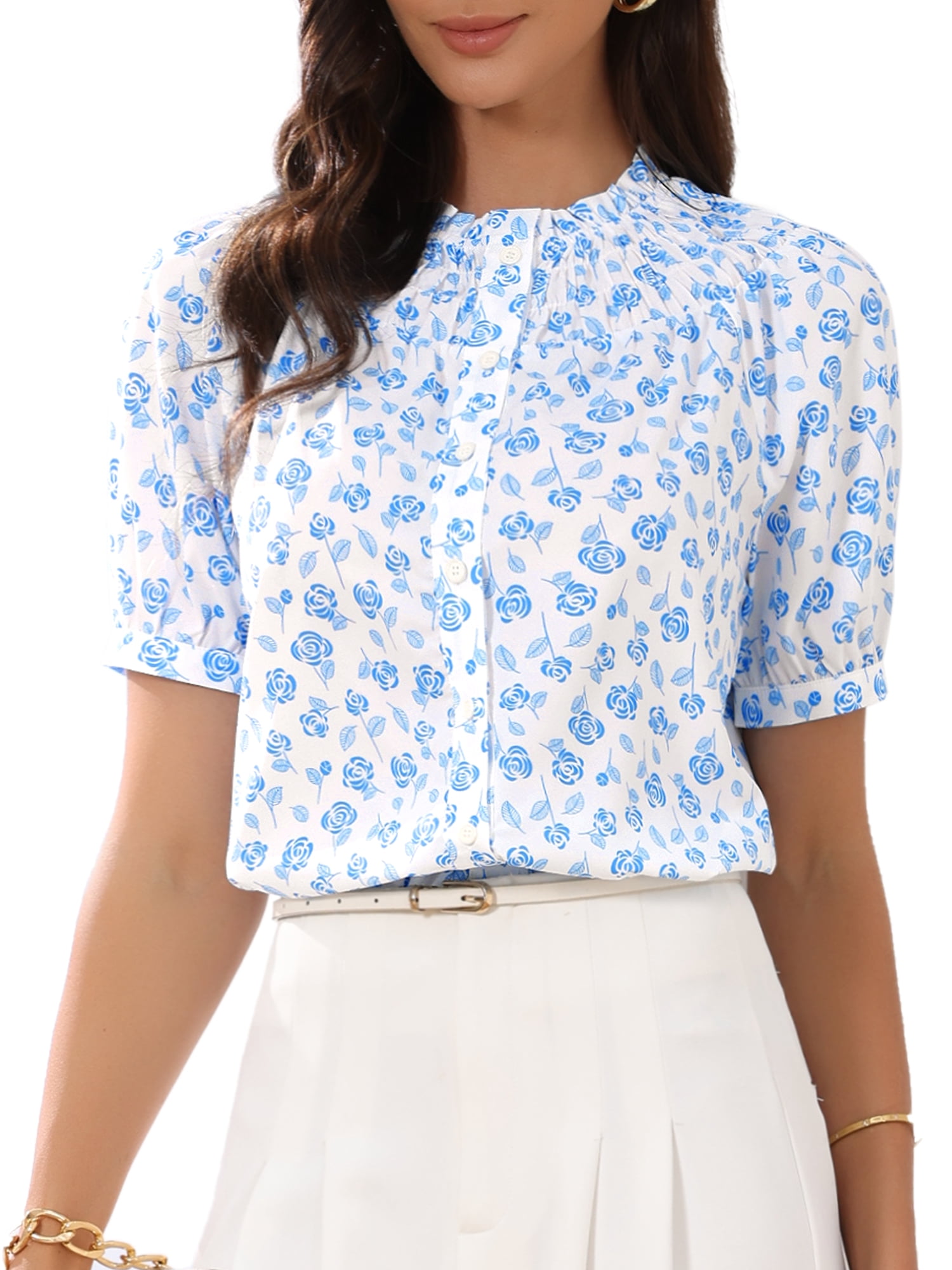 DARING DIVA Women's Floral BlousesRuffle Neck Puff Short Sleeve Smocked Shirts S Blue