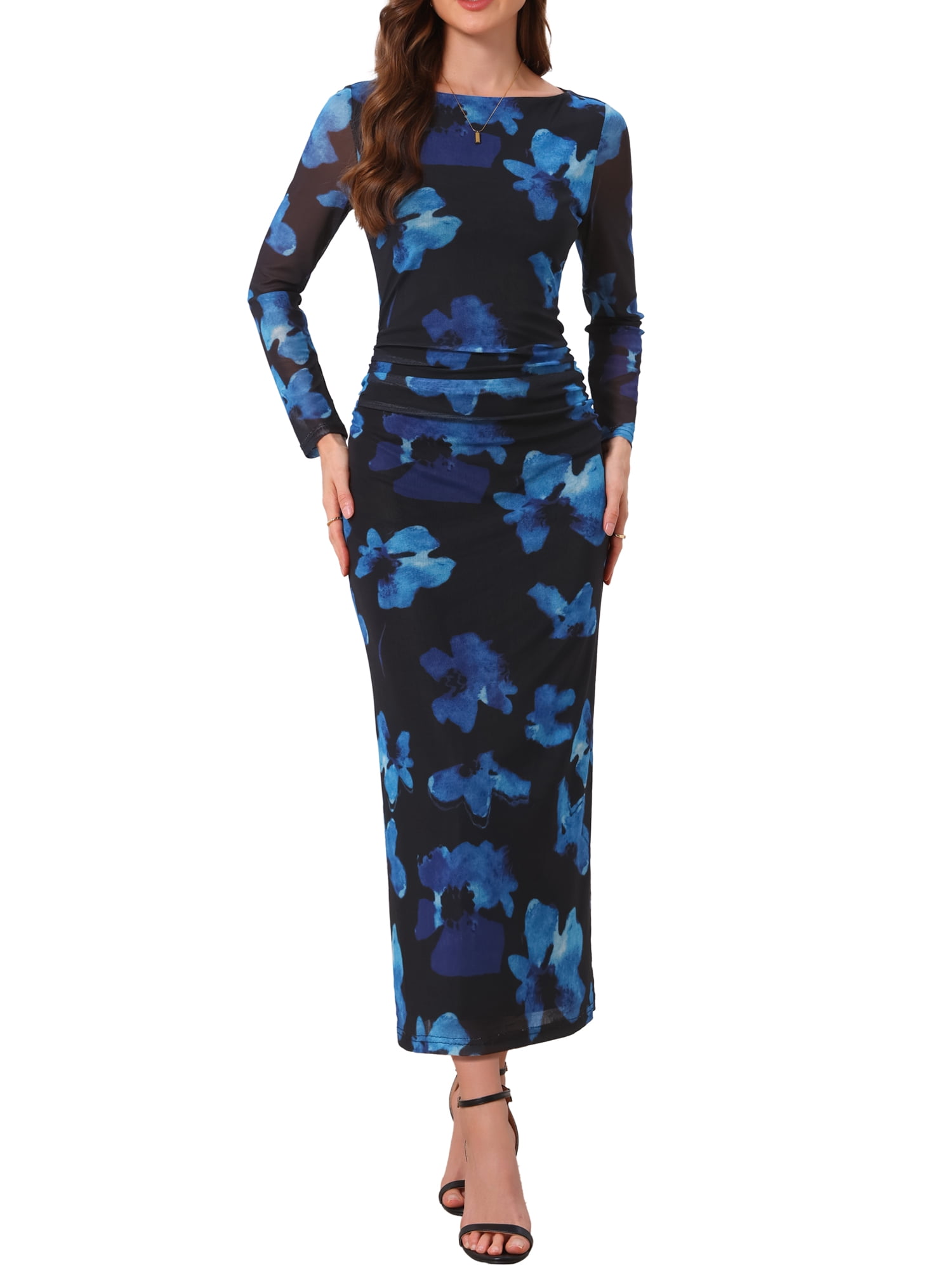 DARING DIVA Women's Floral Bodycon Long Sleeve Boat Neck Mesh Dress 2XL Black