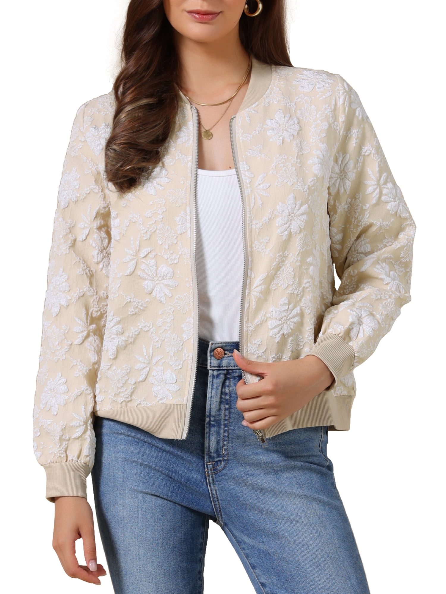 DARING DIVA Women's Floral Bomber Zip Up Lightweight Windbreaker Jacket L Khaki