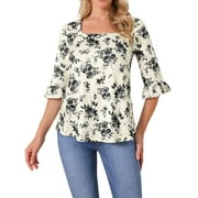 DARING DIVA Women's Floral Casual Square Neck Ruffle 3/4 Sleeve Blouse S Beige