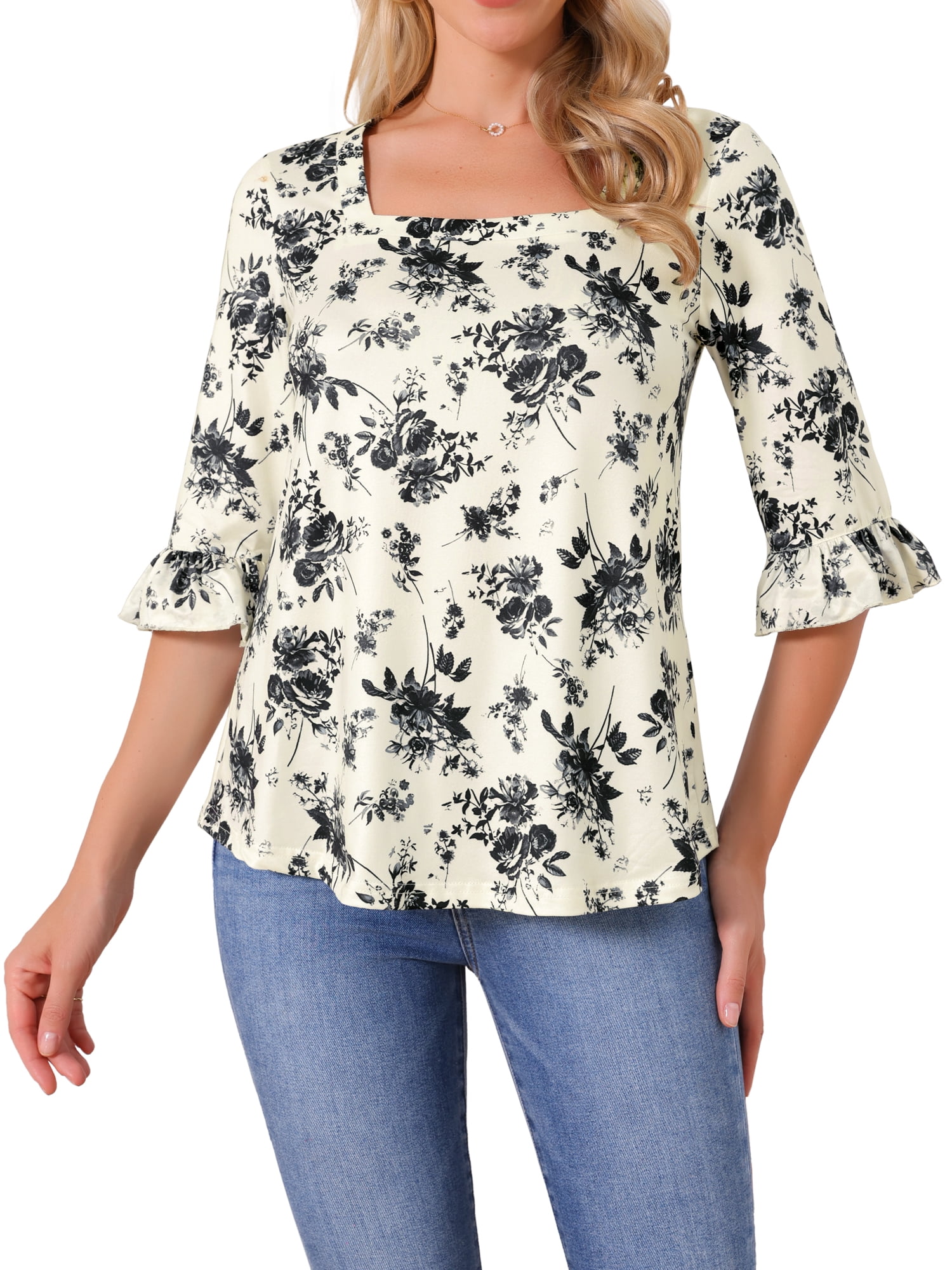 DARING DIVA Women's Floral Casual Square Neck Ruffle 3/4 Sleeve Blouse XL Beige