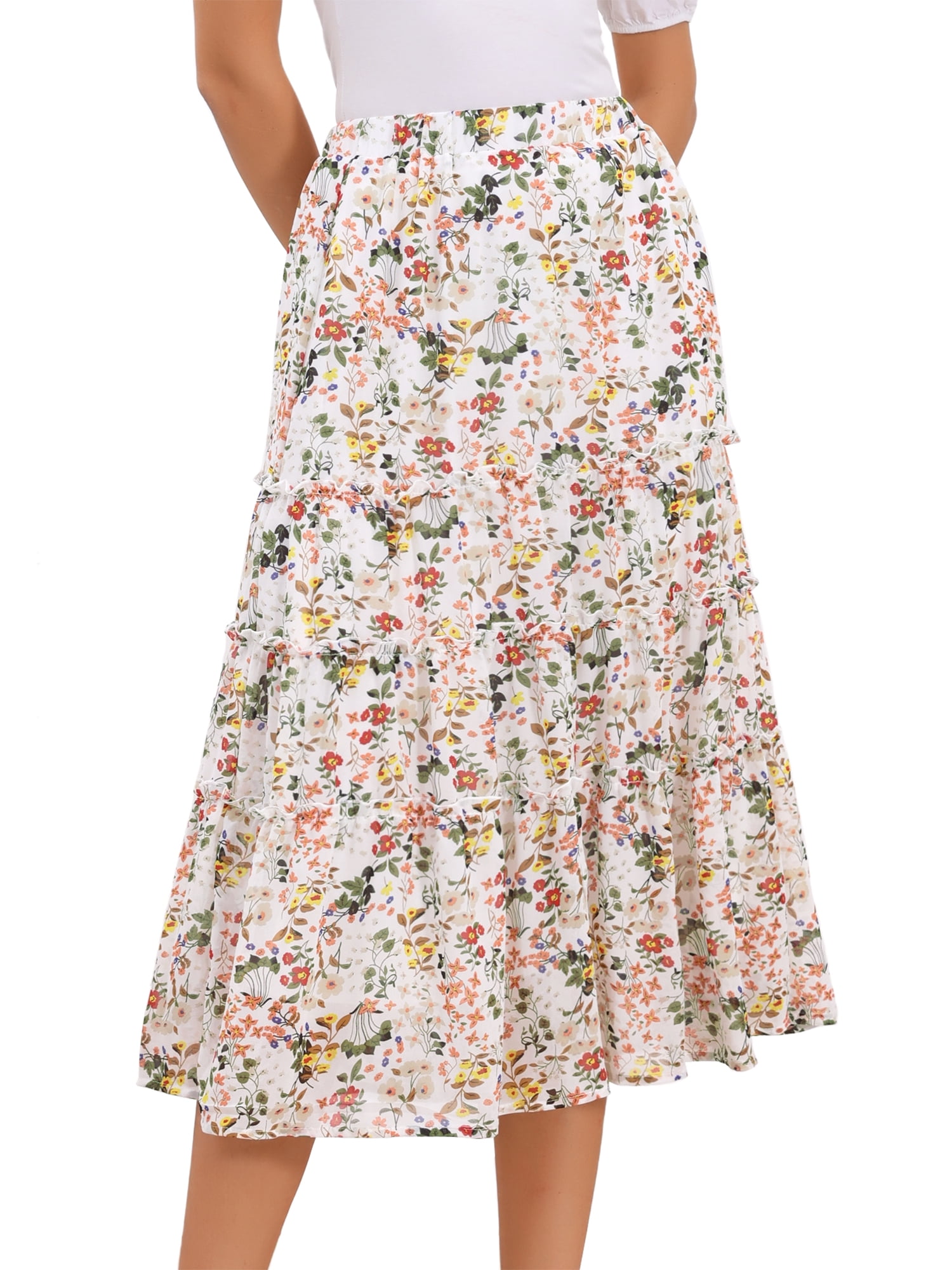 DARING DIVA Women's Floral Chiffon A-line Long Tiered Ruffle Maxi Skirt XL Beige-1