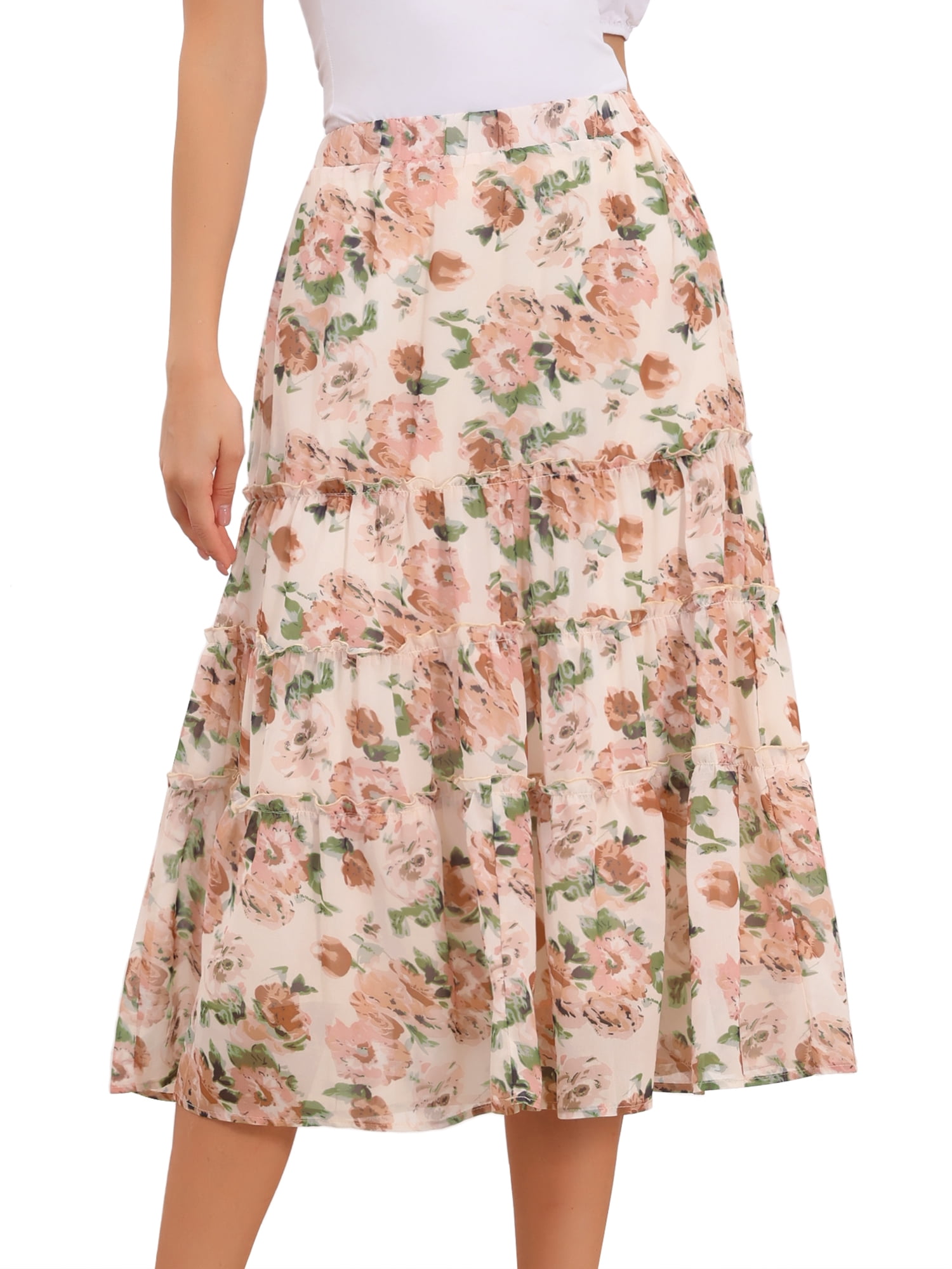 DARING DIVA Women's Floral Chiffon A-line Long Tiered Ruffle Maxi Skirt XS Apricot