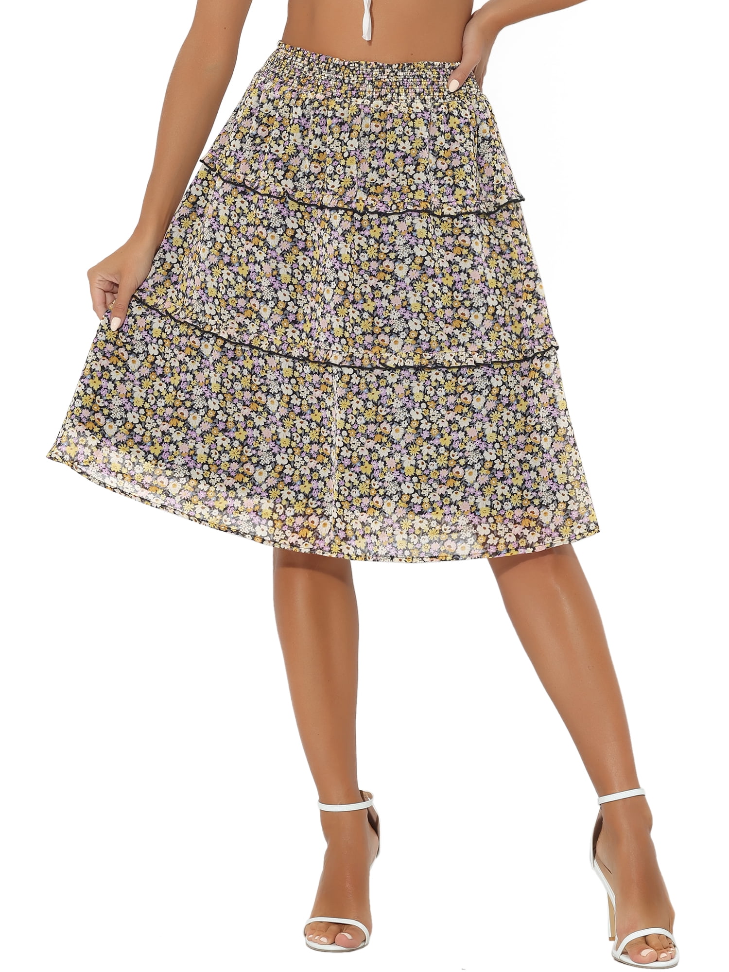 DARING DIVA Women's Floral Chiffon Layer Ruffle Hem Midi Skirt M Black