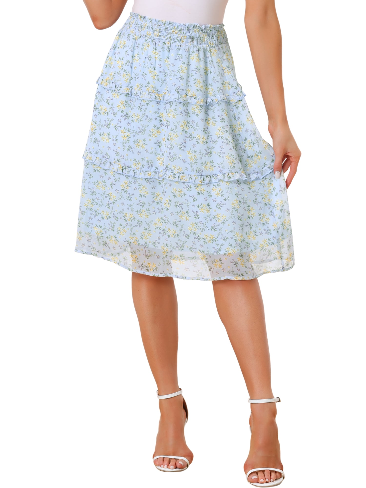 DARING DIVA Women's Floral Chiffon Layer Ruffle Hem Midi Skirt M Light Blue
