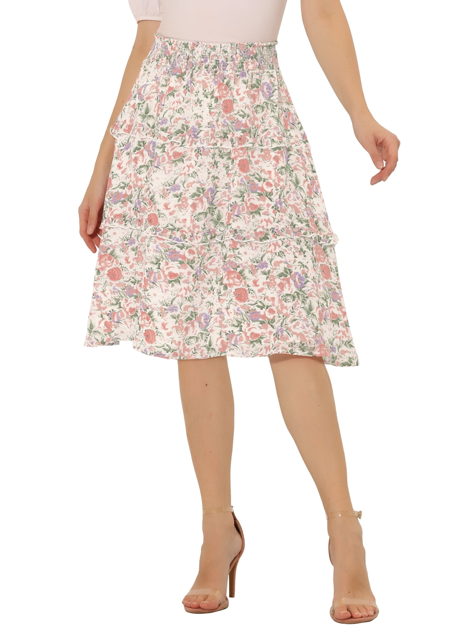 DARING DIVA Women's Floral Chiffon Layer Ruffle Hem Midi Skirt S White2