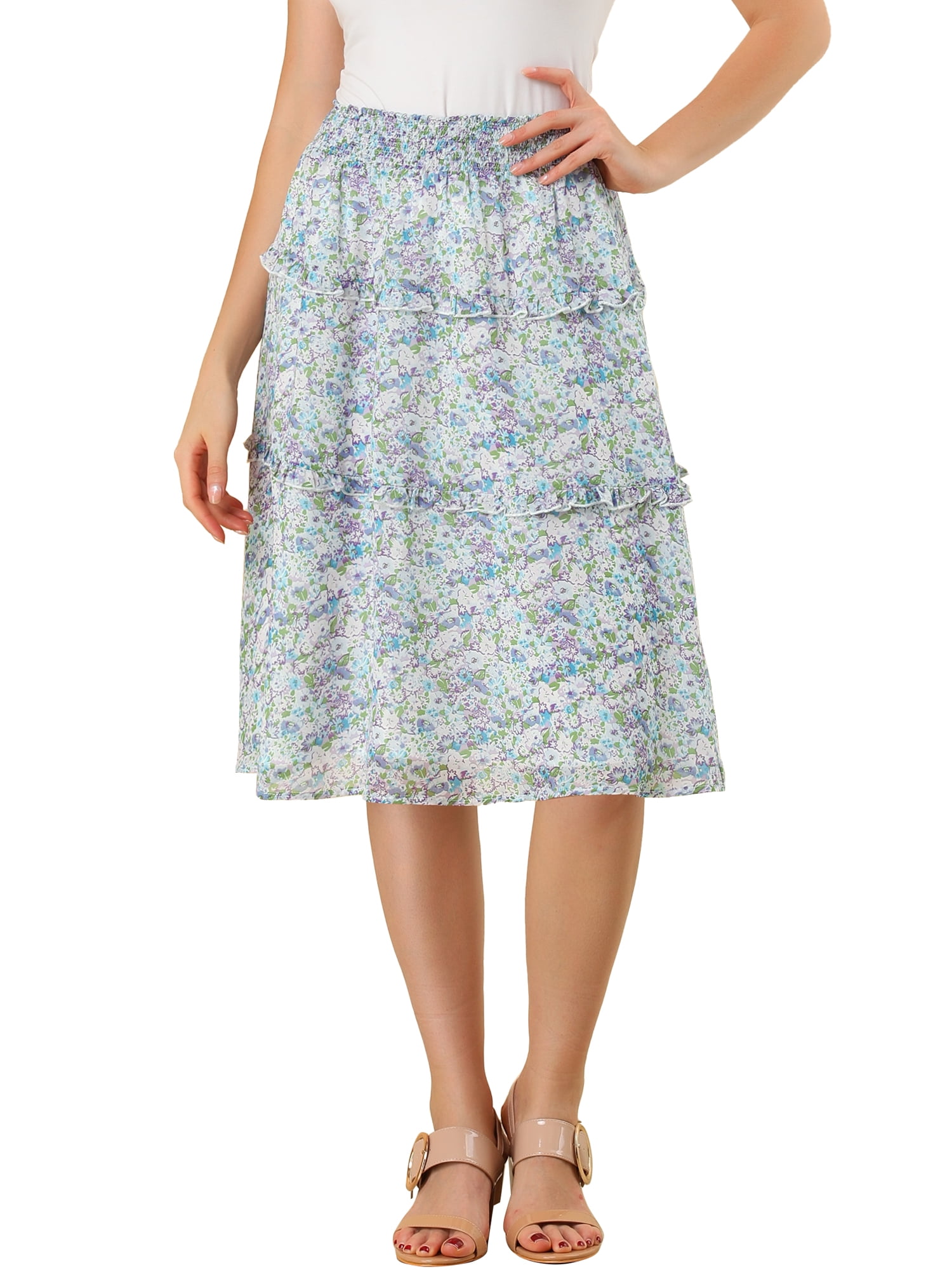 DARING DIVA Women's Floral Chiffon Layer Ruffle Hem Midi Skirt XL Blue Purple
