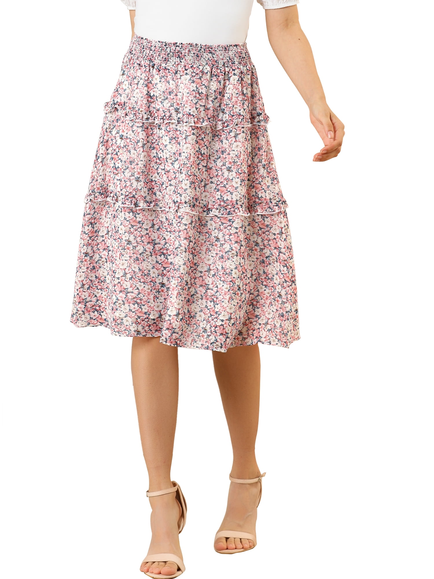 DARING DIVA Women's Floral Chiffon Layer Ruffle Hem Midi Skirt XL Pink