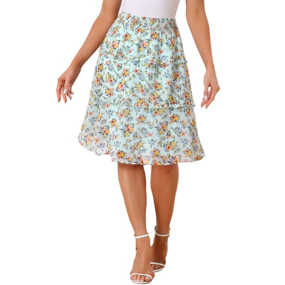 DARING DIVA Women's Floral Chiffon Layer Ruffle Hem Midi Skirt XS Light Green