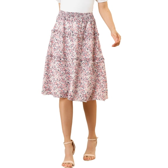 DARING DIVA Women's Floral Chiffon Layer Ruffle Hem Midi Skirt XS Pink