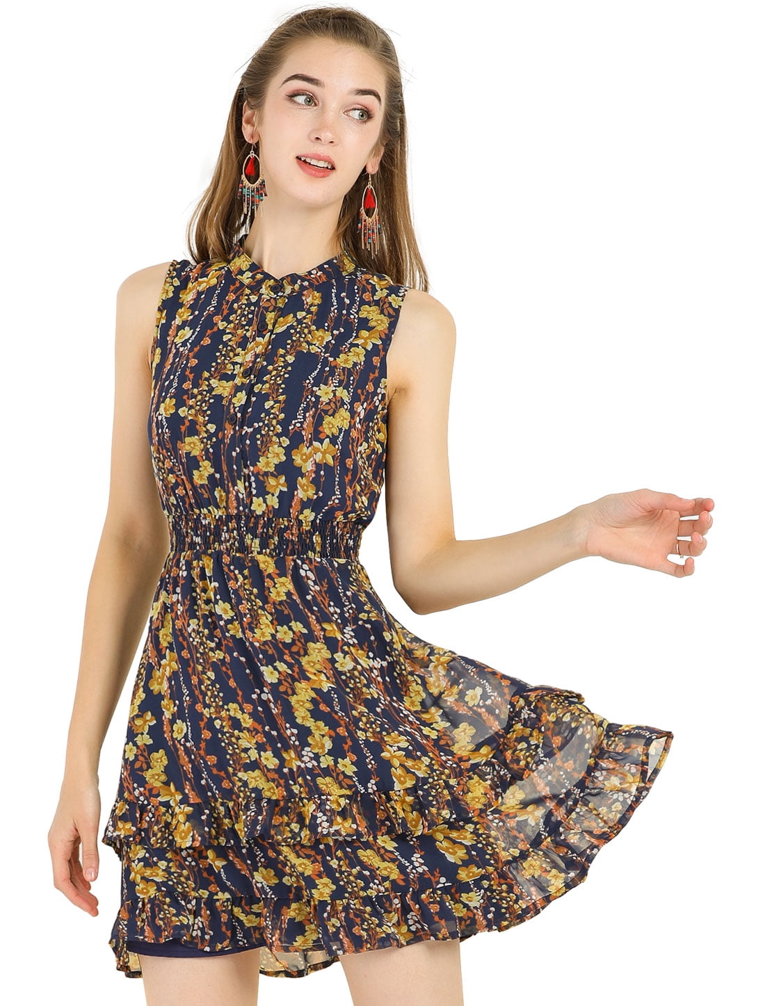 DARING DIVA Women's Floral Chiffon Smocked Mini Sleeveless A-Line Dress 3XL Navy Blue