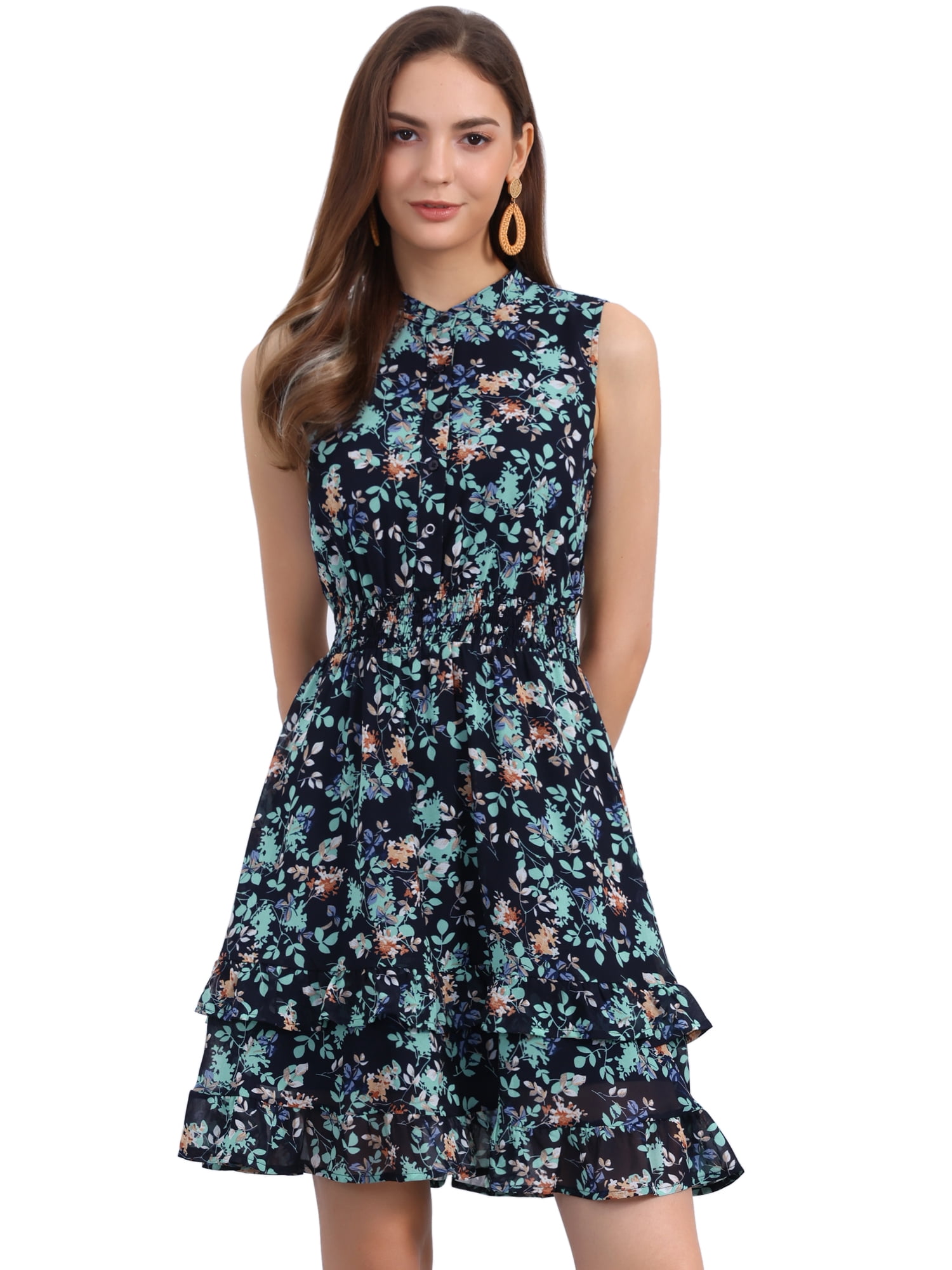 DARING DIVA Women's Floral Chiffon Smocked Mini Sleeveless A-Line Dress L Dark Blue