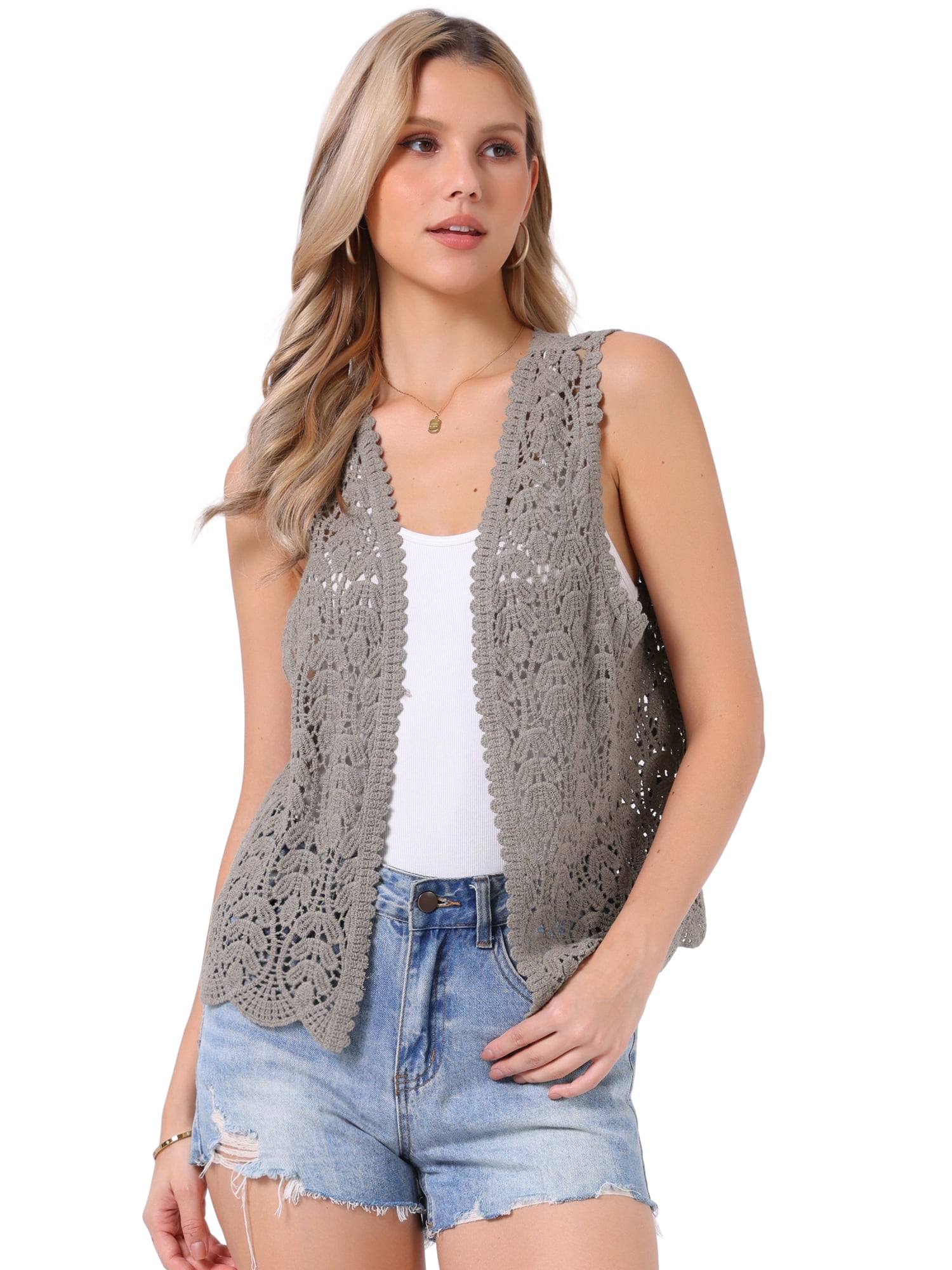 DARING DIVA Women's Floral Crochet Hollow Out Open Front Vest M Light Grey