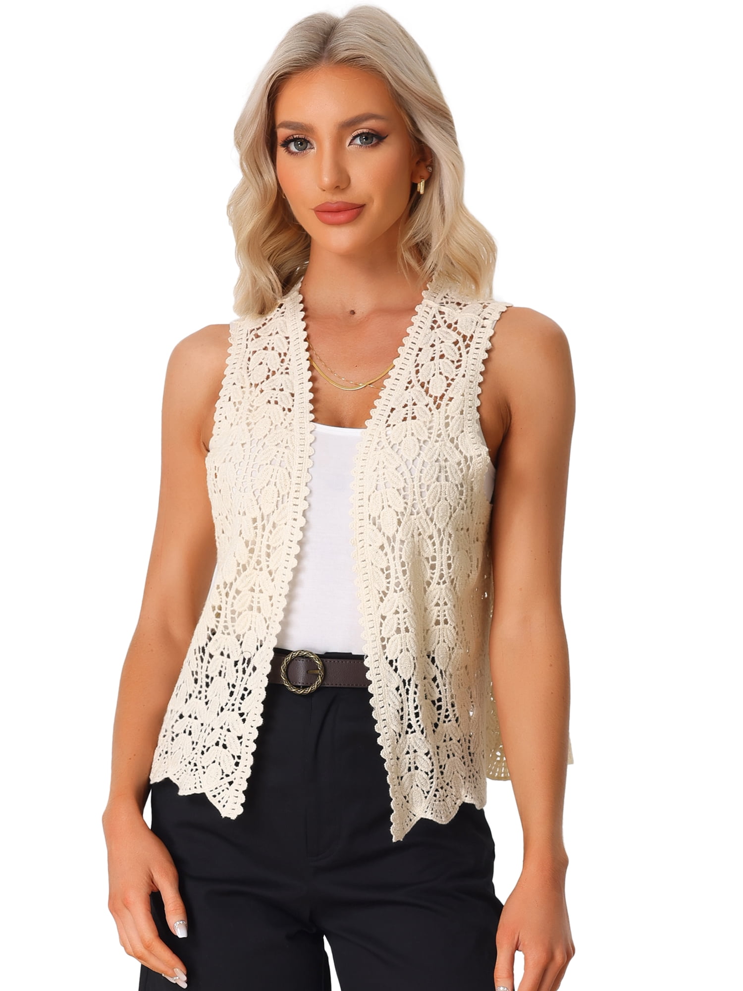 DARING DIVA Women's Floral Crochet Hollow Out Open Front Vest S Beige