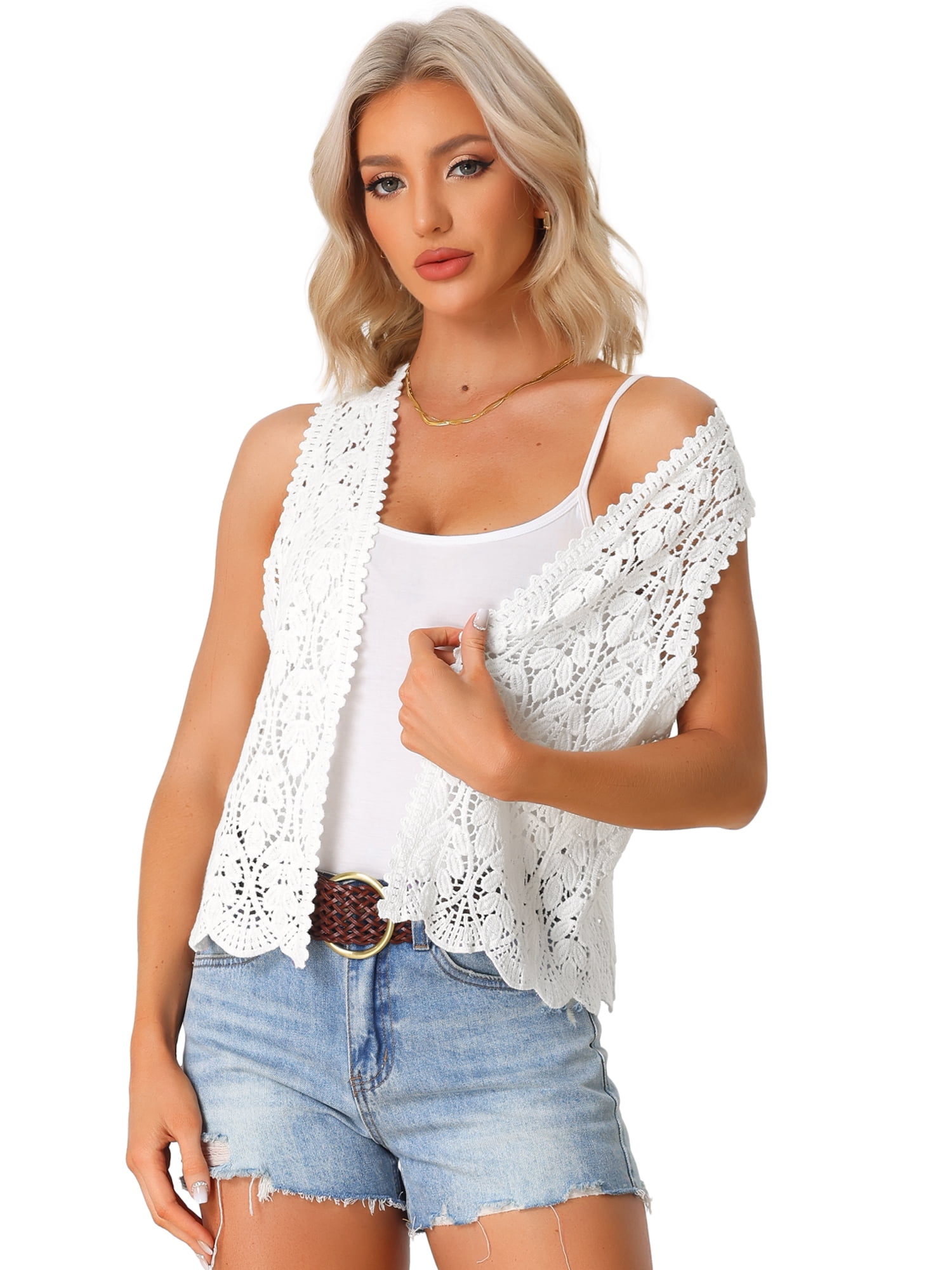 DARING DIVA Women's Floral Crochet Hollow Out Open Front Vest S White