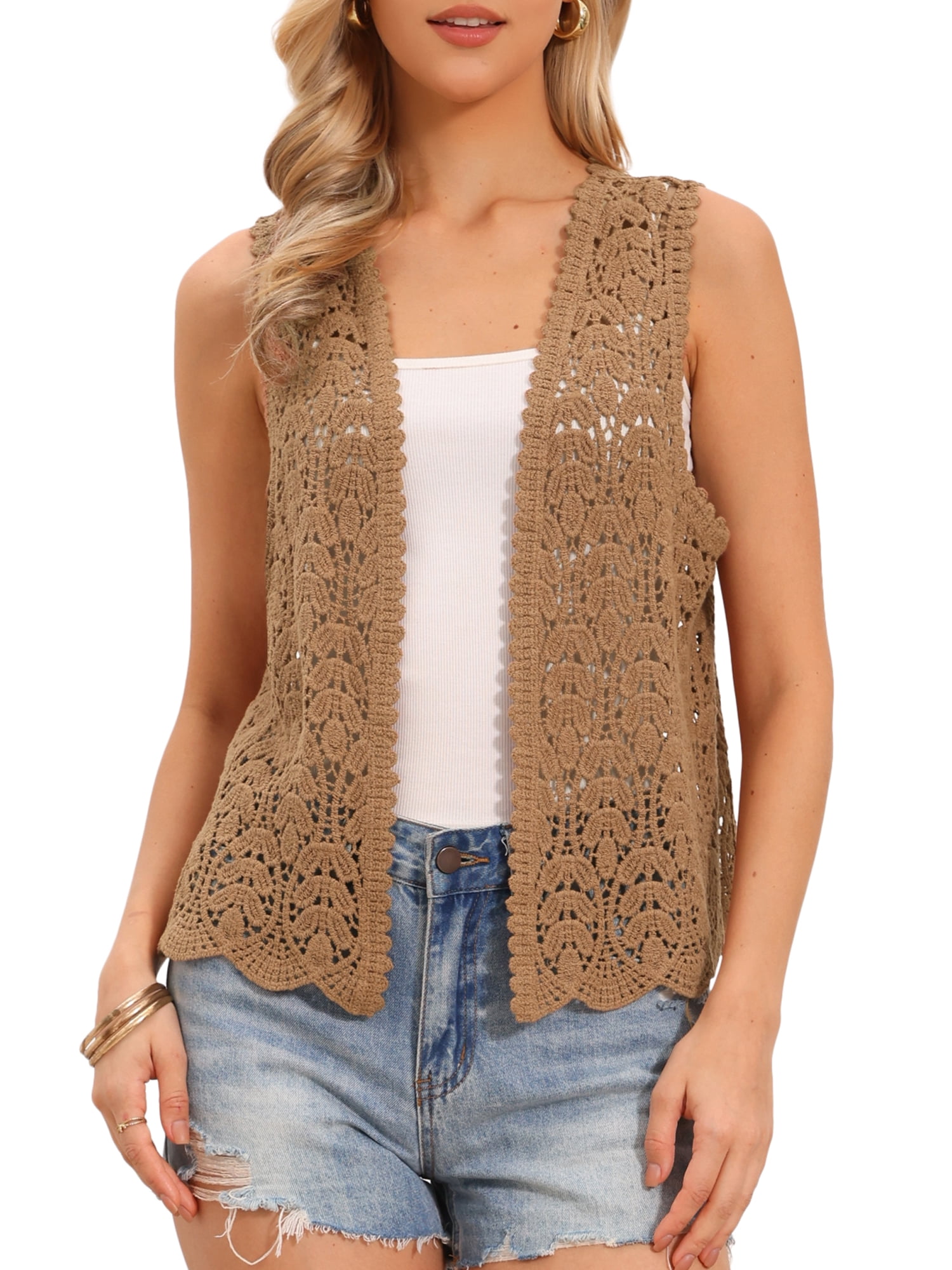 DARING DIVA Women's Floral Crochet Hollow Out Open Front Vest XL Gold Brown