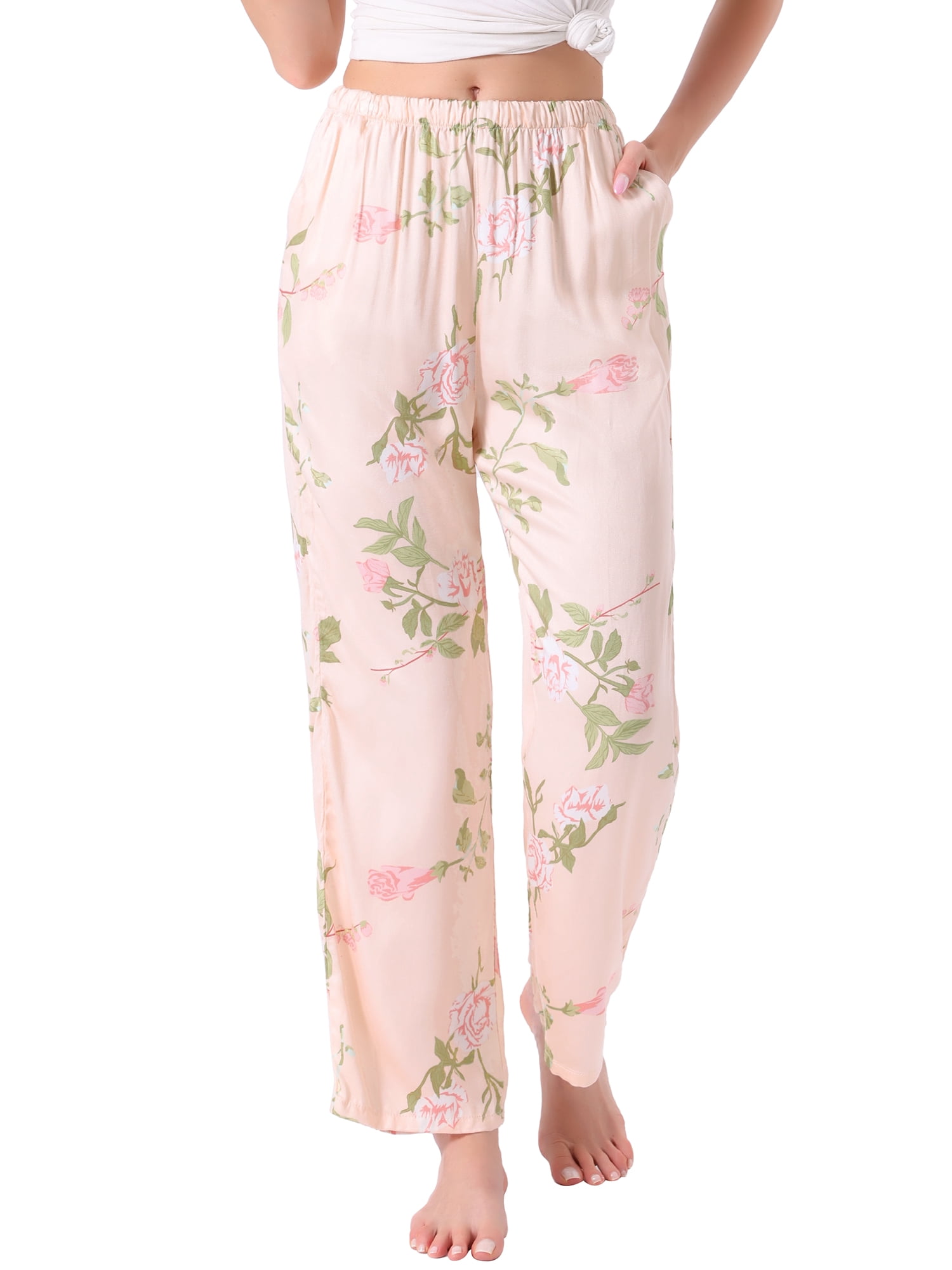 DARING DIVA Women's Floral Dot Pattern Wide Leg Pants with Pocket L Yellow