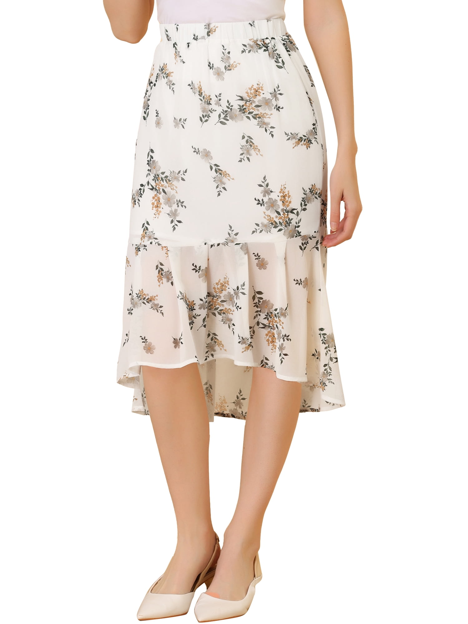 DARING DIVA Women's Floral Elastic Waist Bodycon Ruffle Hem Fishtail Skirt M White