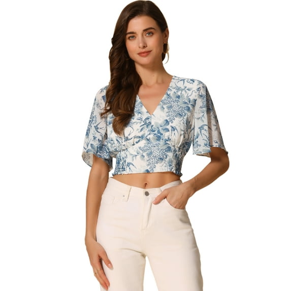 DARING DIVA Women's Floral Flare V Neck Smocked Crop Tops S White Blue