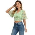 thumbnail image 1 of DARING DIVA Women's Floral Flare V Neck Smocked Crop Tops XL Green, 1 of 6