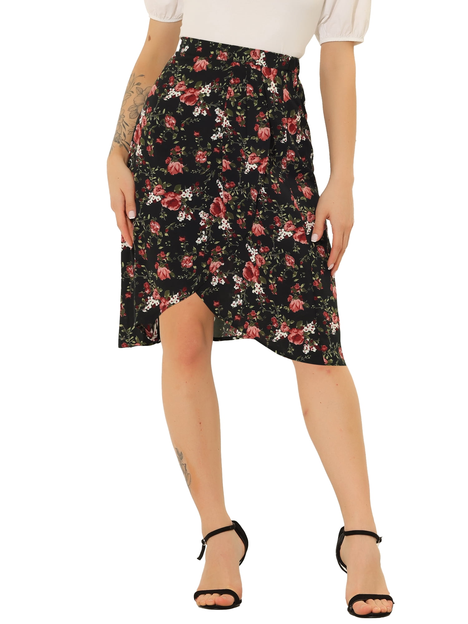 DARING DIVA Women's Floral High Waist Split Summer Bohemian Midi Wrap Skirt S Black