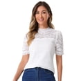 thumbnail image 1 of DARING DIVA Women's Lace Tops Mock Neck Puff Short Sleeve Floral Blouses XS White, 1 of 6